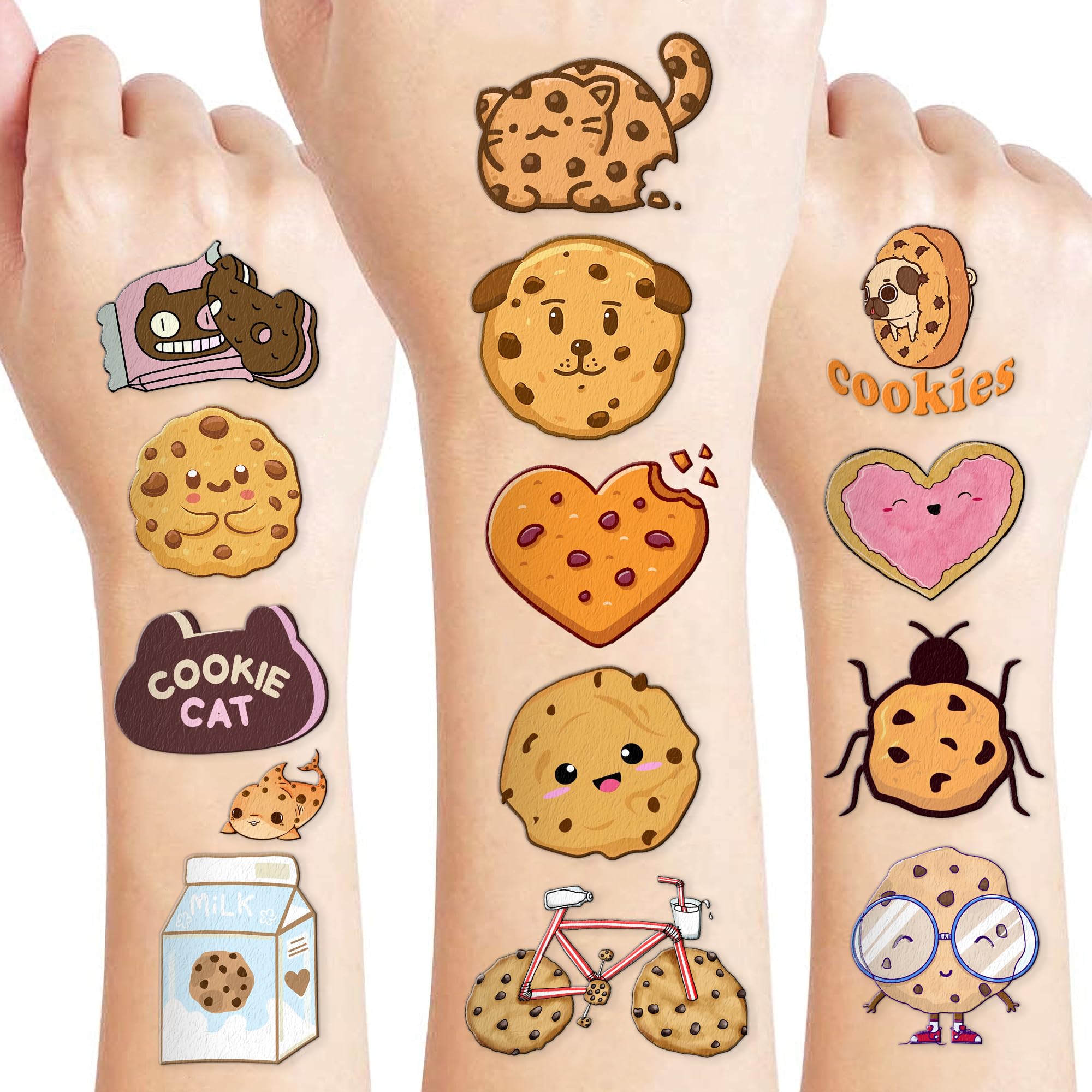 96PCS Cookie Pre-Cut Temporary Tattoos 8 Sheets 96PCS Milk and Cookies Party Decorations Supplies Favors Candyland Theme Birthday Cute Stickers