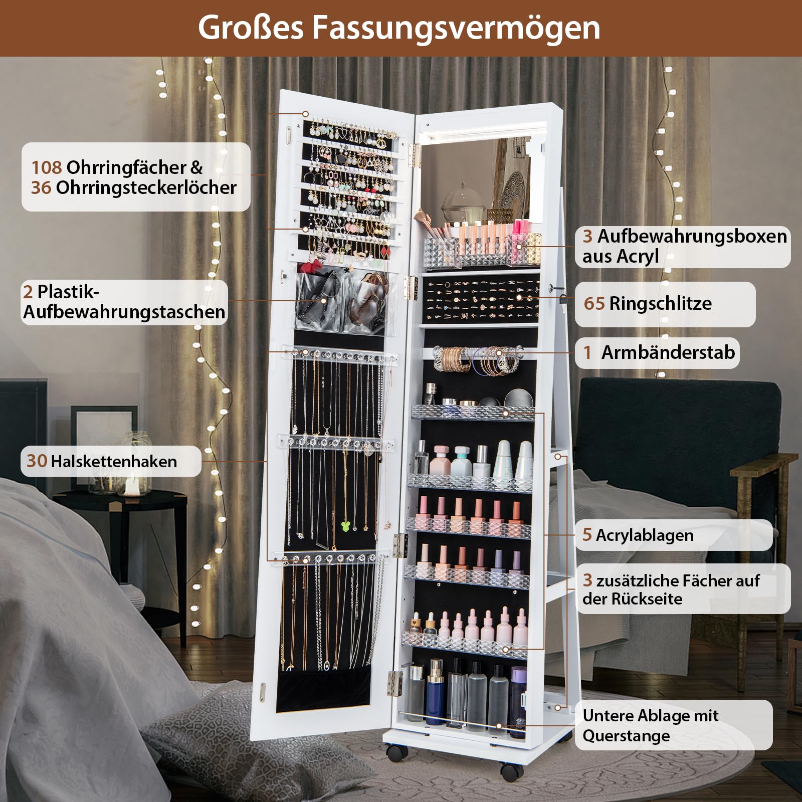 RELAX4LIFE Schmuckschrank mit Ganzkörperspiegel, 3 in 1 Spiegelschrank mit 4 Rädern & 3 farbigen LEDs, 360° Drehbar & Abschließbar, Schmuckorganizer mit 3 Regalen (Weiß)