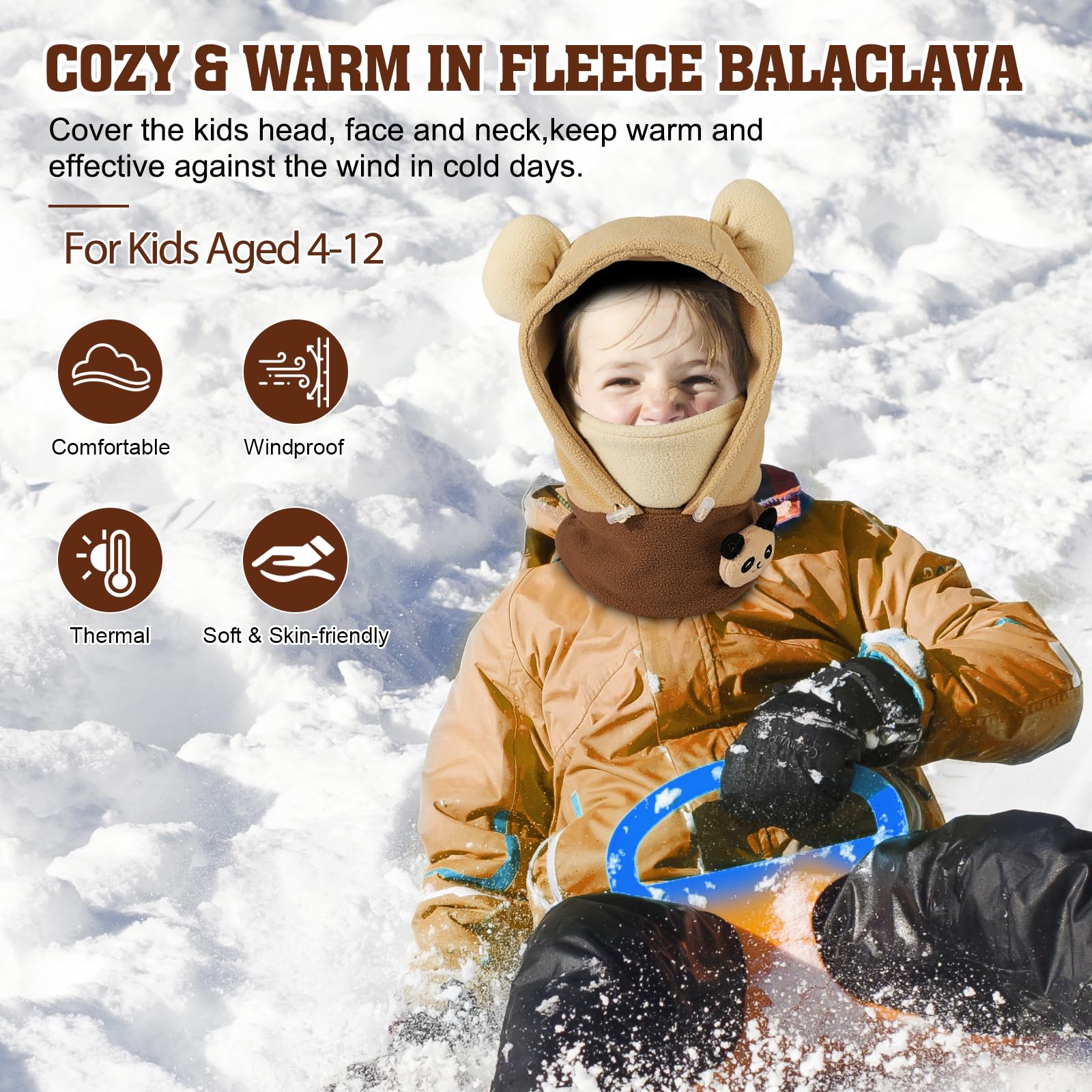 Dziecięca zimowa termiczna kominiarka polarowa dla dzieci, wiatroszczelna kominiarka, kaptur, czapka, ciepła maska na całą twarz, unisex, dzieci, osłona twarzy zwierzęcia 3D, maska narciarska na