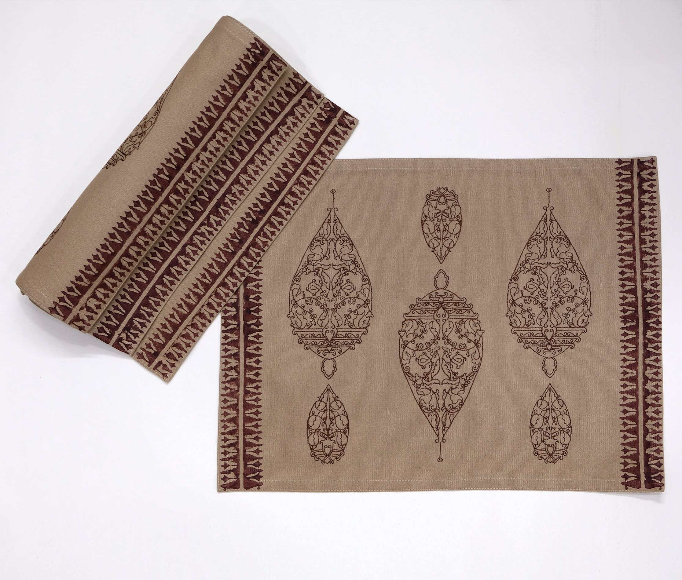 Design Gaatha Dew Drop Beige Cotton Canvas Embroidered & Hand Block Printed Table Mats (13 x 18 inches) | Set of 4 pcs Dining Cotton Placemats