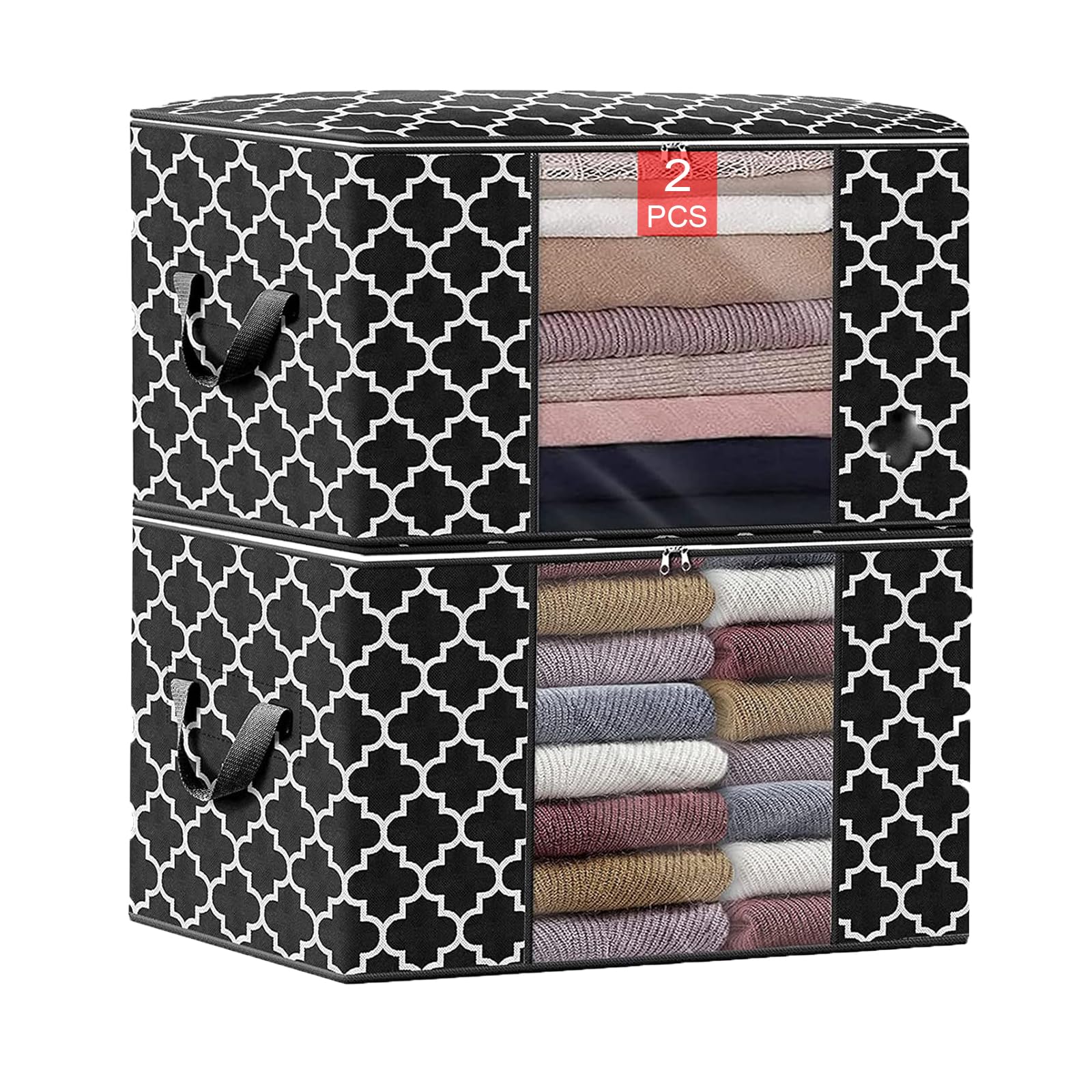 90L Large Storage Bag,2Pack Foldable Lanket Storage Bags Clothes Organization and Storage Containers for Bedding with Reinforced Handle,Clear Window,Sturdy Zippers(Black)