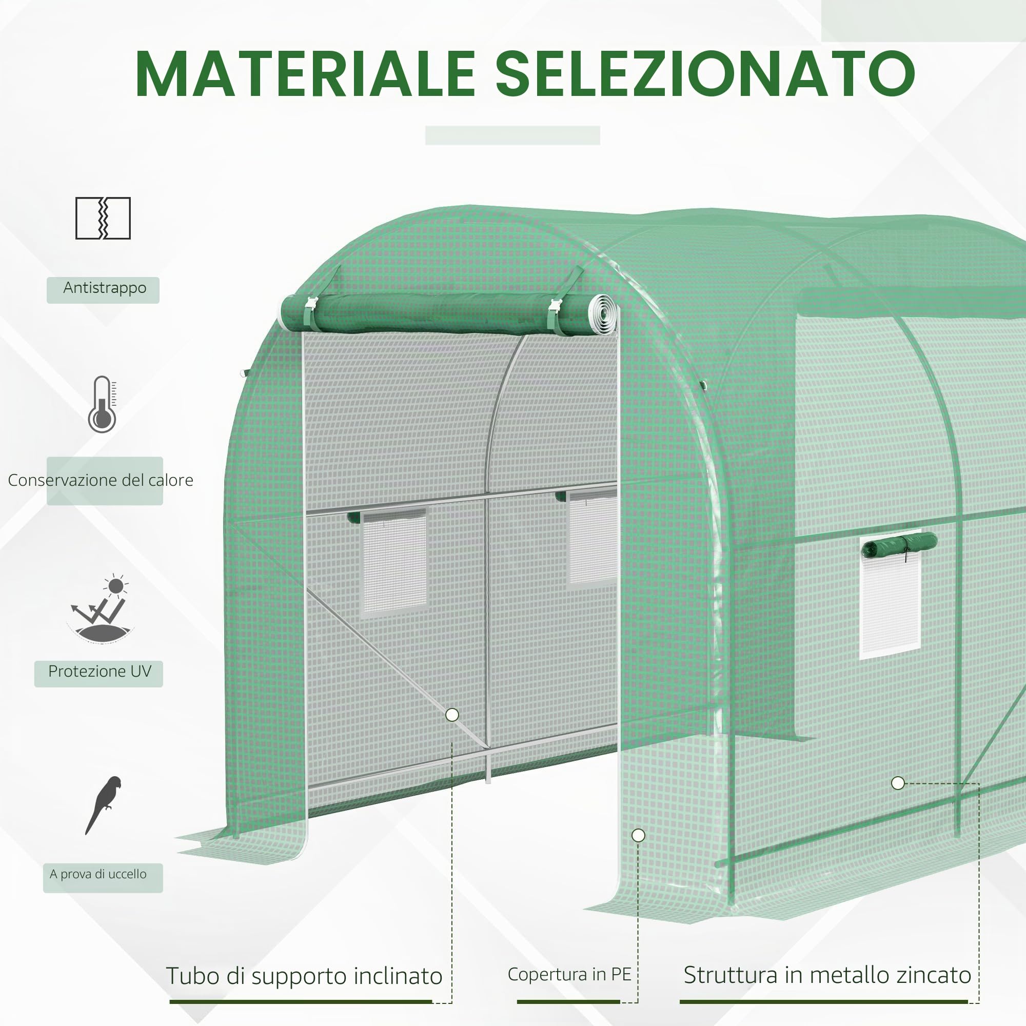 Outsunny Serra da giardino tunnel telaio tubolare rinforzato porta con cerniera finestre arrotolabili verde (300x200x205cm)