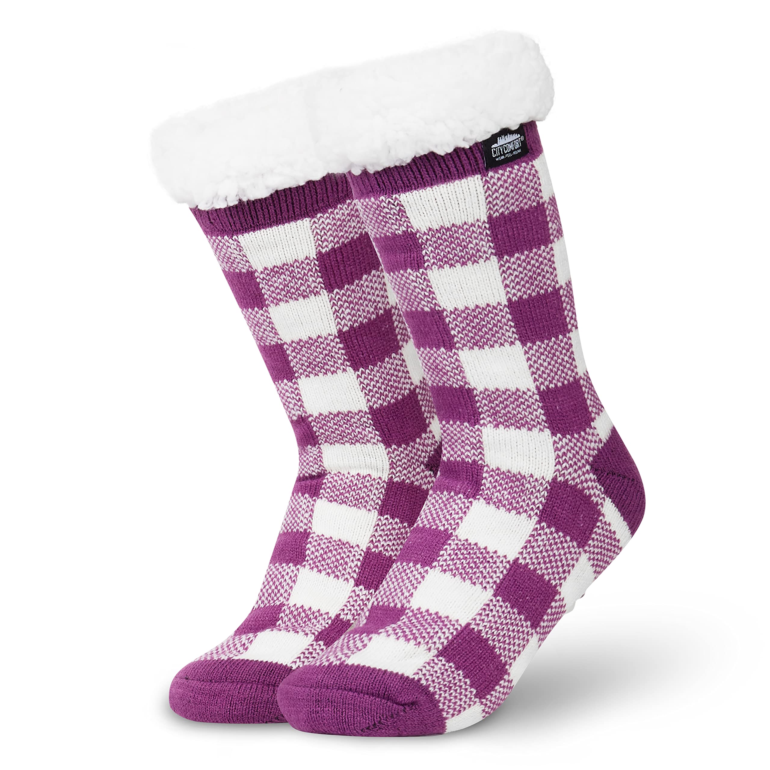 Citycomfort Women's White Purple Slipper Socks For Teenagers, Cosy Warm Fleece Lined Bed Socks - Gifts For Her (White/Purple)