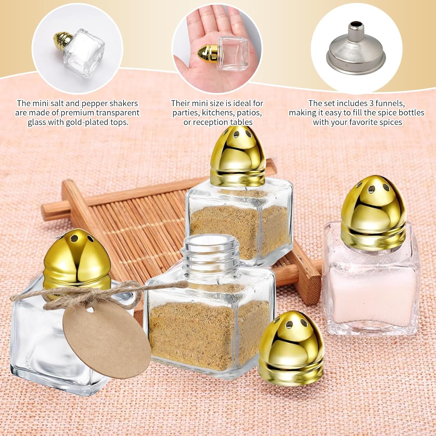 60 Pcs 0.5 oz Mini Salt and Pepper Shakers with 3 Plastic Funnels, 60 Tags, 2 Ropes Clear Square Shape Glass Spice Shaker Jars Bulk with Gold Tone Tops for Wedding Party Kitchen