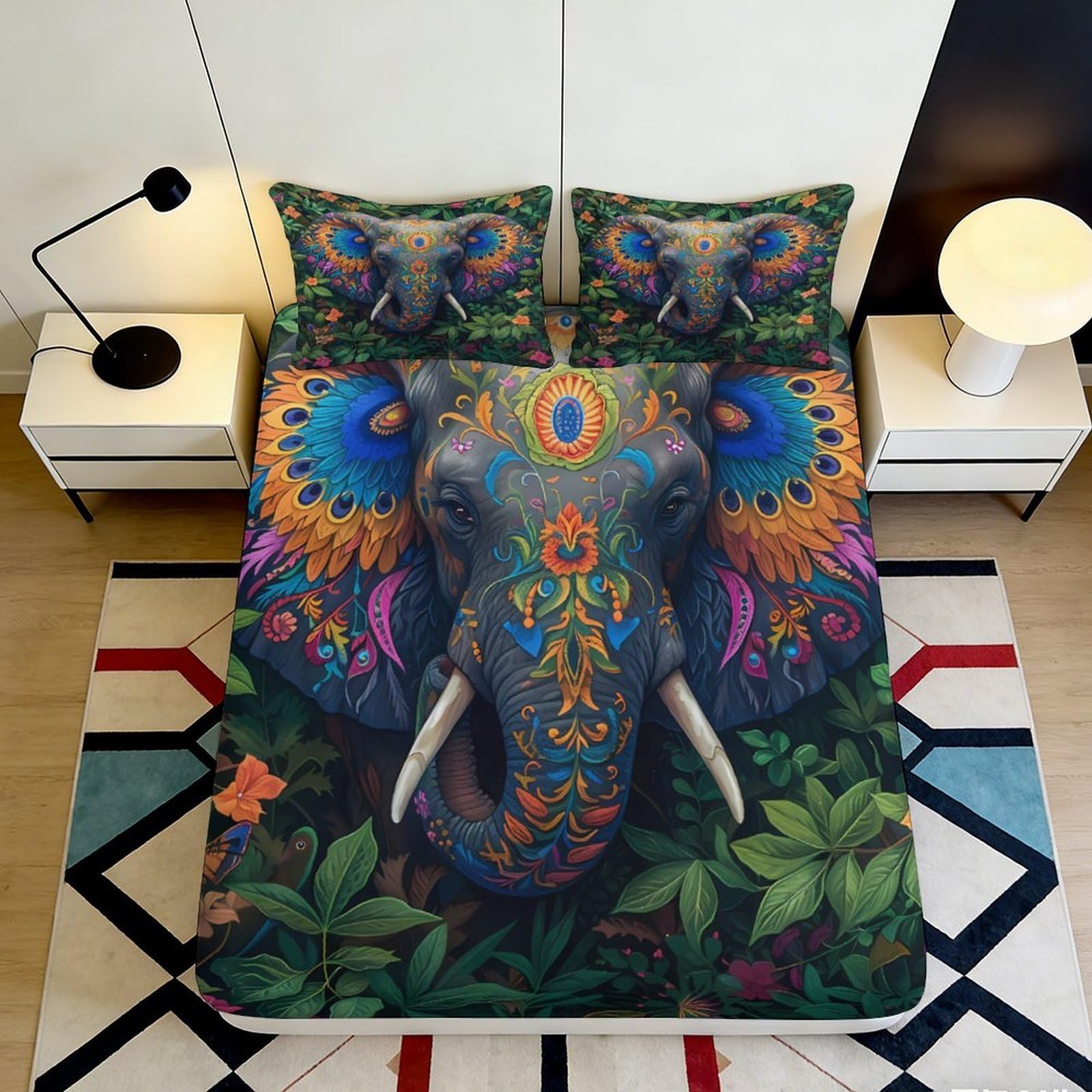 3D Printed Colorful Elephant Fitted Sheet Microfiber Soft Artistic Jungle Bed Cover for Bedroom Dorm Decor 90x200x25cm
