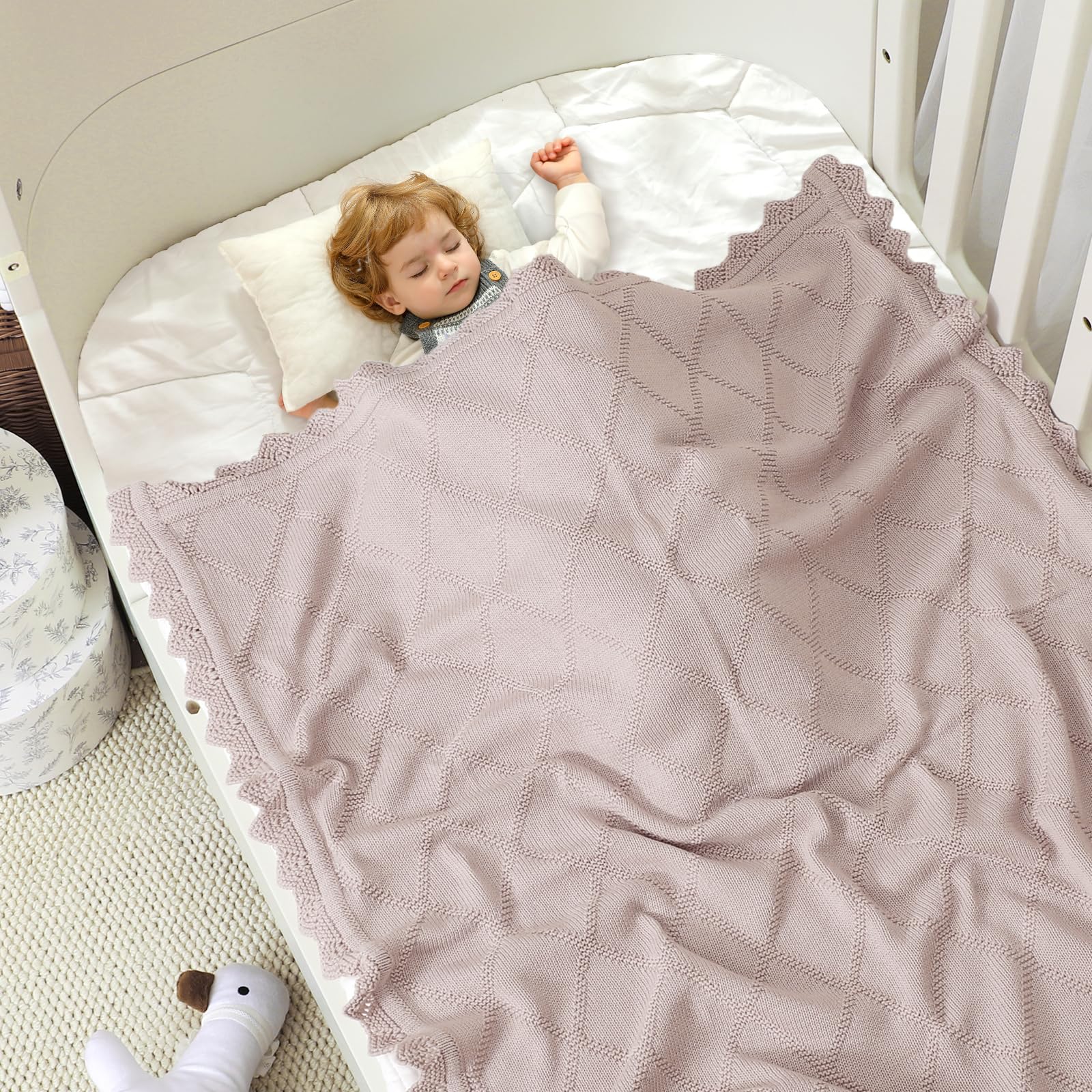 mimixiong Baby Blanket 100% Cotton Knitted Soft Knit Crochet Blankets for Newborn Boy Girls Toddler 100x80cm (Pink Purple) - Image 2