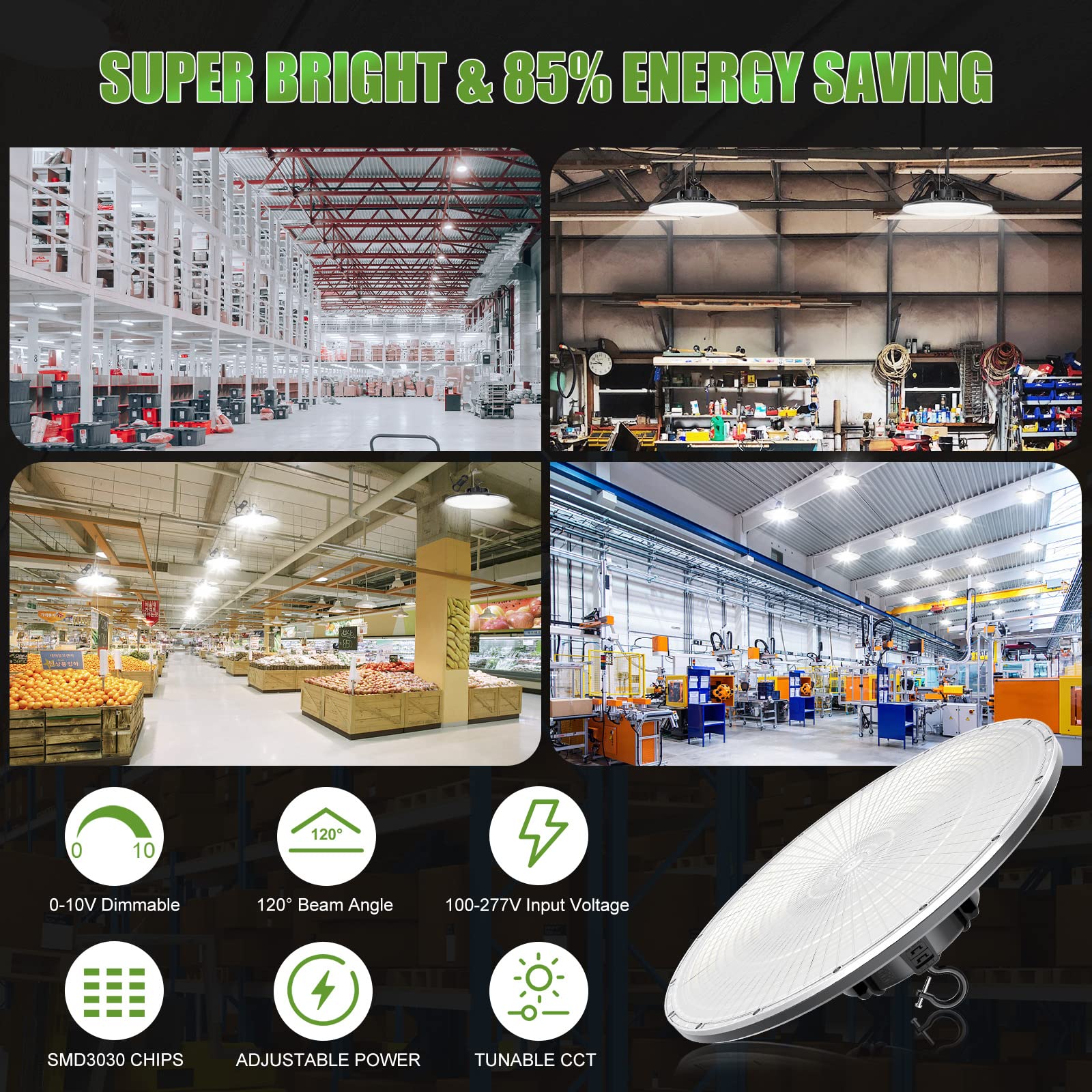 UFO LED High Bay Light 240W 200W 150W Adjustable 3000K 4000K 5000K Adjustable UL DLC Listed 140LM W — view 6