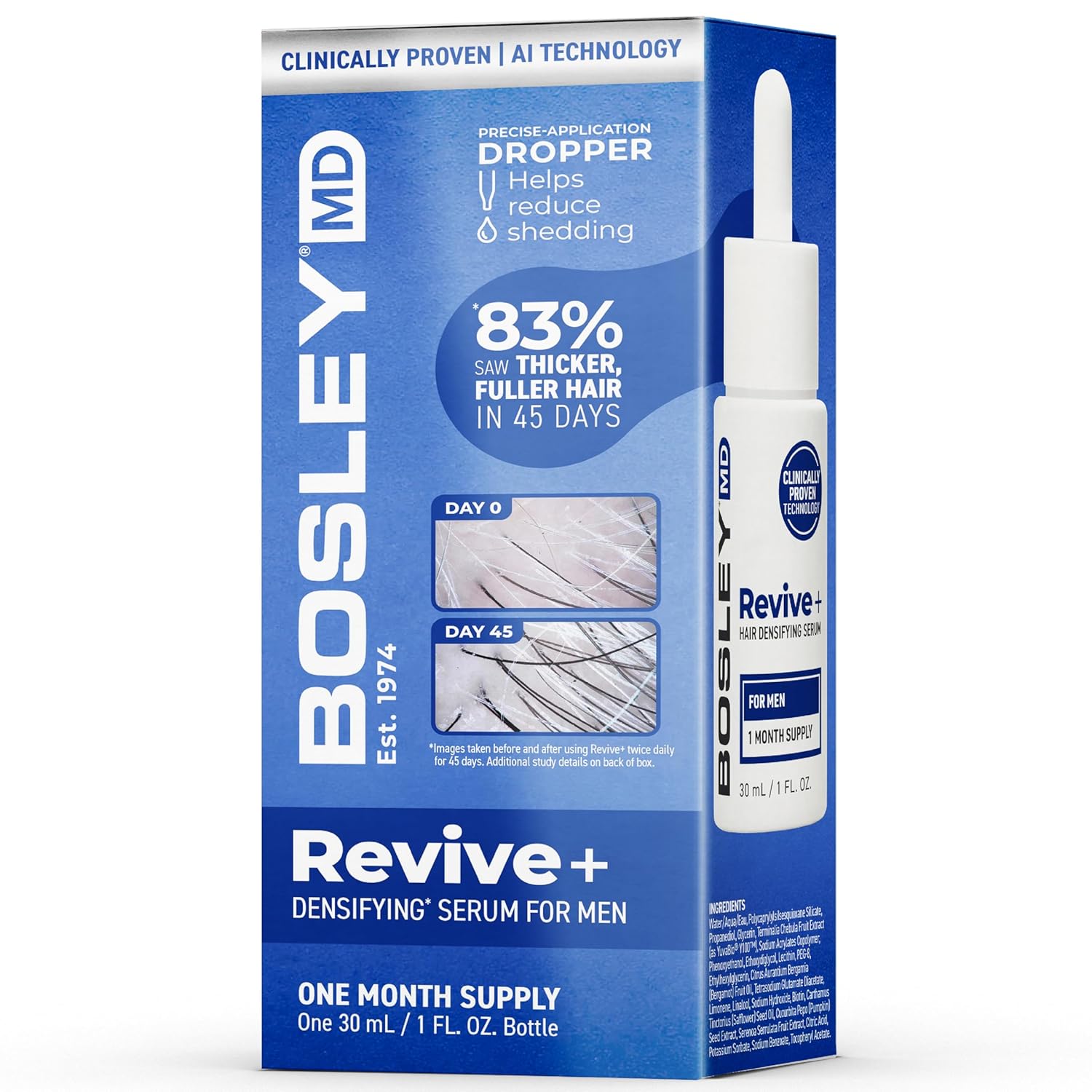 Bosley Revive+ Densifying Serum for Men – Drug-Free Hair Regrowth Treatment – Biotin, Saw Palmetto, Pumpkin Seed, Y100 Botanical Compound – Thicker, Fuller Hair in 45 Days – 1 Month Supply