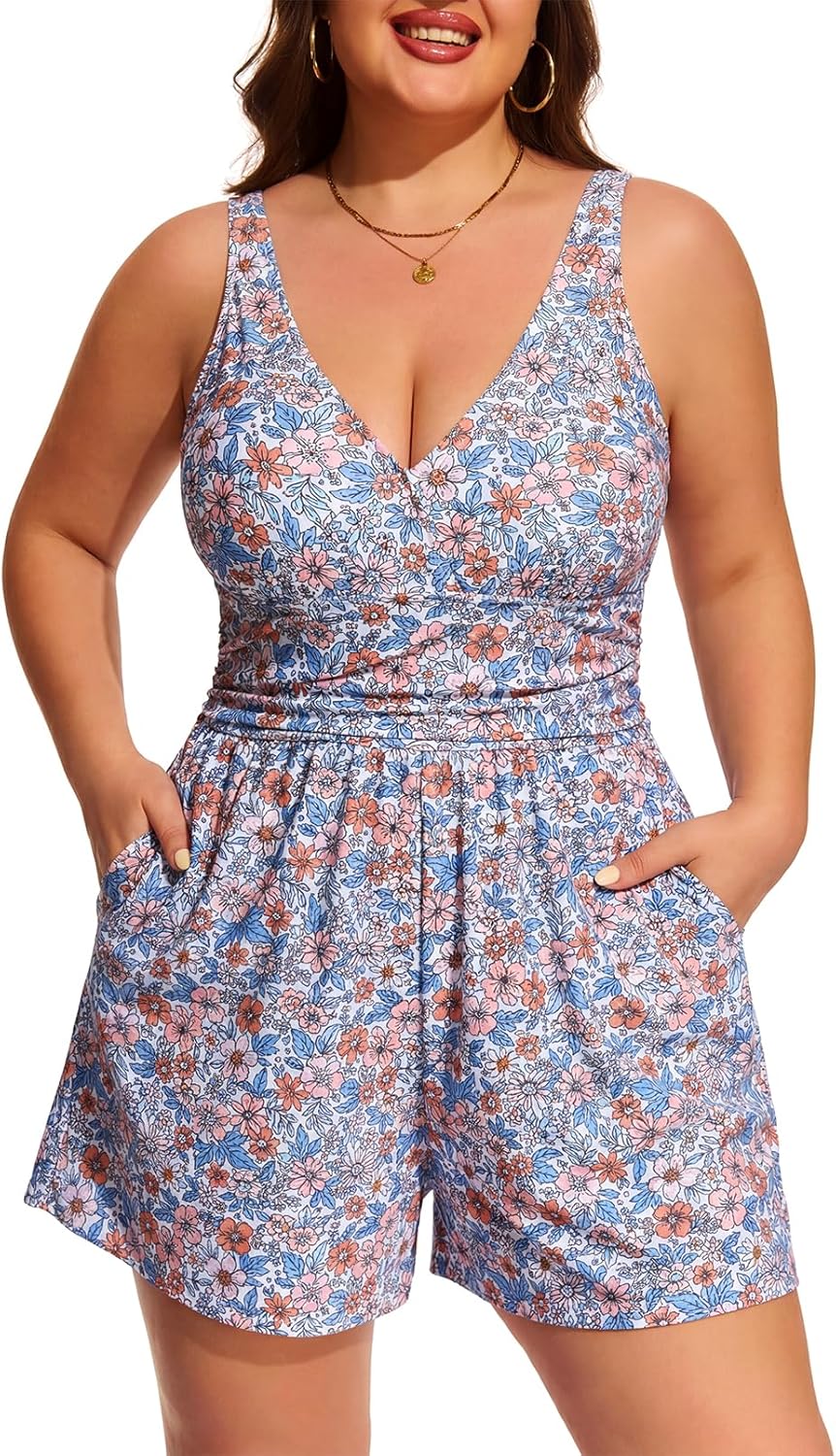 Smismivo Plus Size Swimsuits for Women One Piece Modest Swim Rompers Bathing Suit with Shorts and Pockets Swimwear 2026