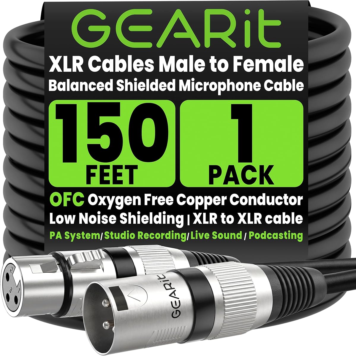 GEARit XLR Cables 150ft Copper, XLR Cable Low Noise Shielding, Microphone Cable XLR Male to Female, Copper Conductors for Recording Studio, Podcast, Stage Audio & Live Sound (Black)