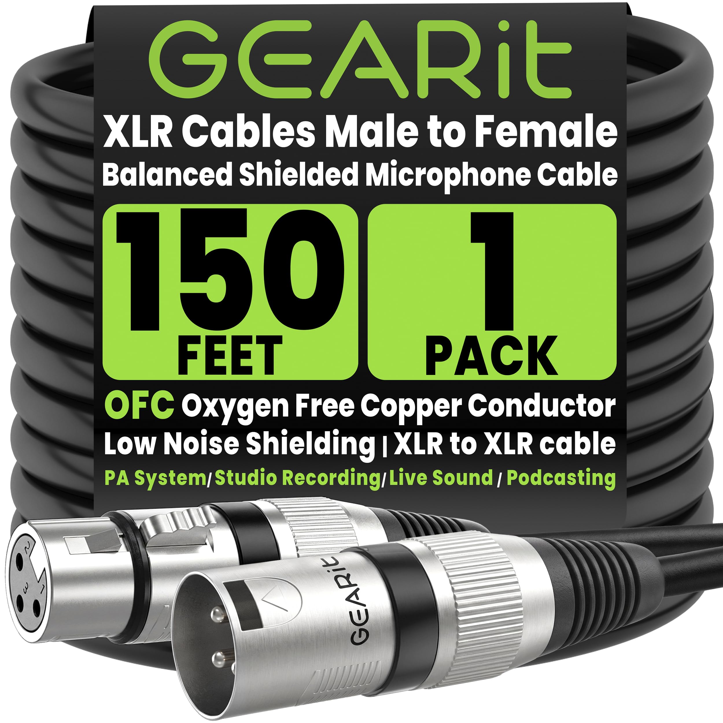 GearIT Cable de micrófono XLR a XLR (150 pies, 1 paquete) XLR macho a hembra Cable de micrófono de 3 pines equilibrado blindado XLR para mezclador de micrófono, 150 pies, 1 paquete