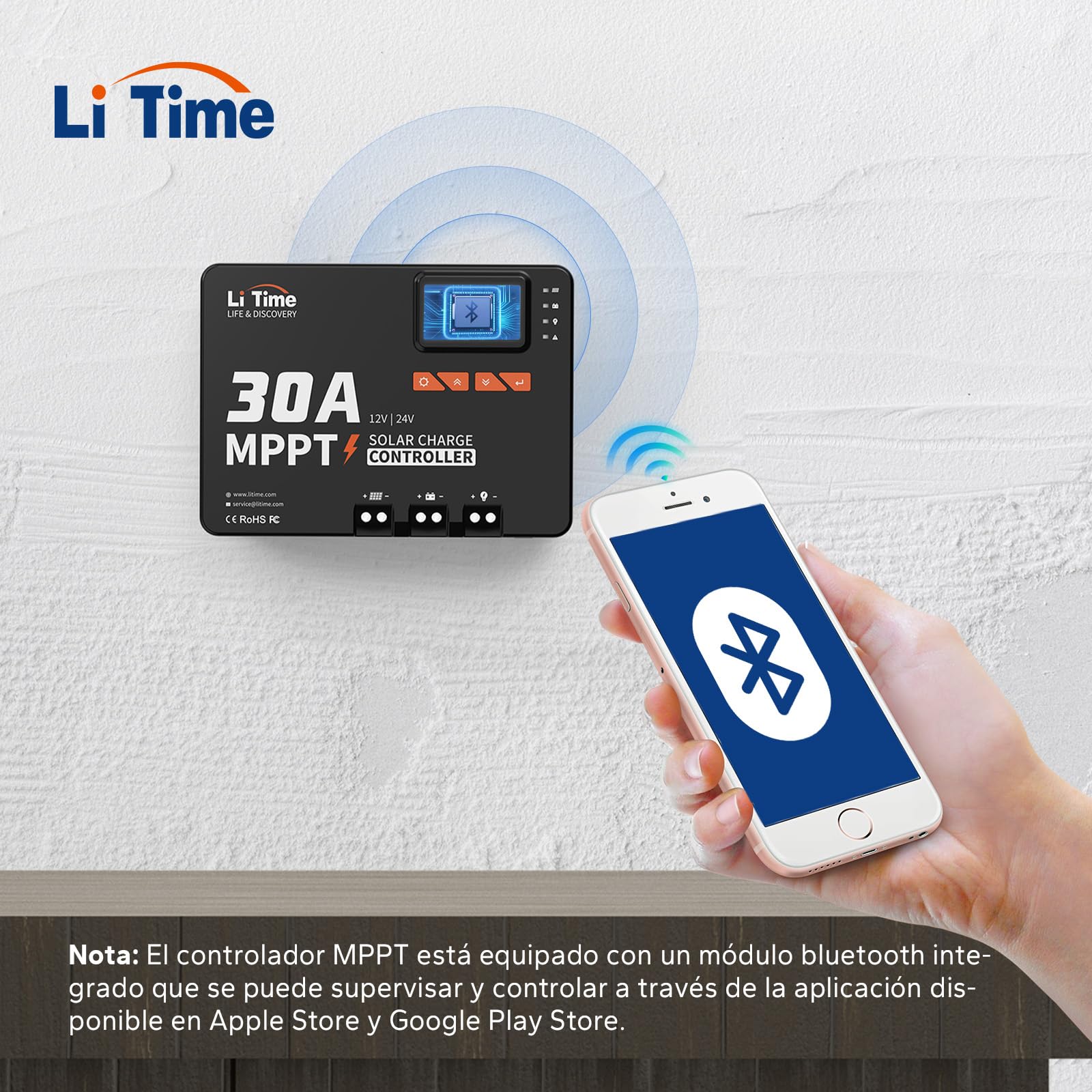 LiTime 30A Regulador Solar Mppt, Controlador de Carga Solar 12V/24V con Adaptador Bluetooth, Pantalla LCD e LED, Regulador de Carga Panel Solar para Baterías Litio Selladas Baterías de Plomo-ácido