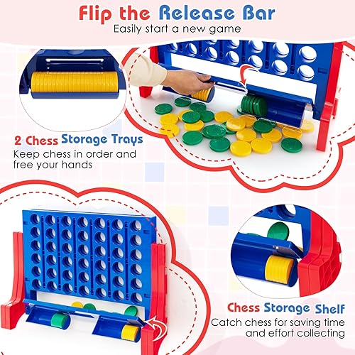 Miniatura 8 de COSTWAY Juego gigante 4 en una fila con bolsa de transporte, juego jumbo de 4 en puntuación con ajedrez, deslizador de liberación rápida para niños