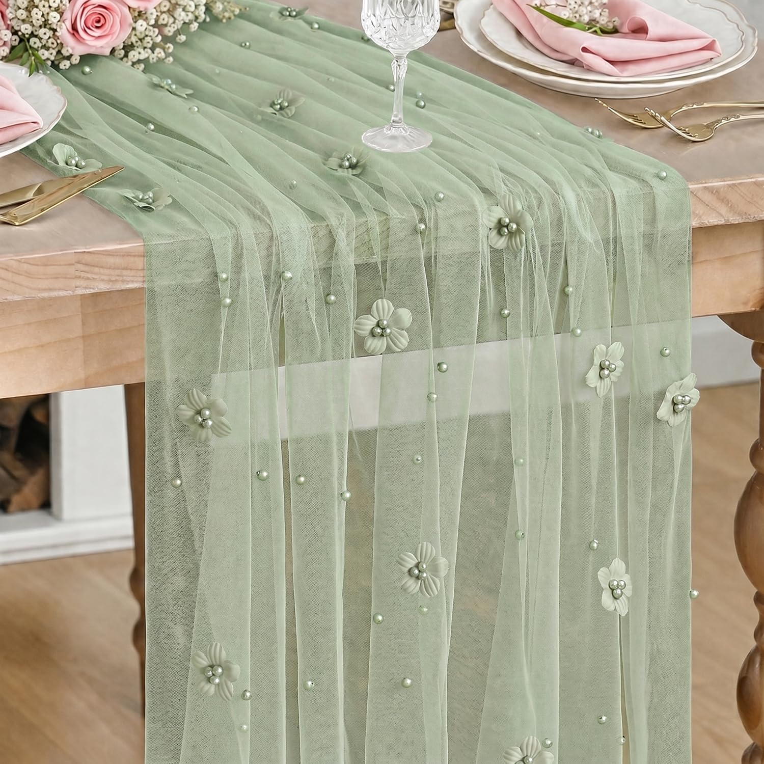 Artoid Mode Flower Pearl Sage Green Gauze Spring Table Runner 70x300 cm