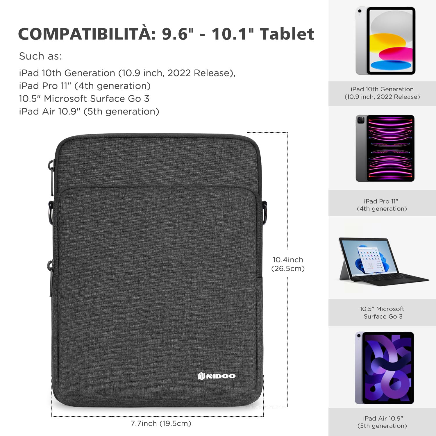 NIDOO 10 Pollici Tablet Borsa a Tracolla Messenger Porta PC Portatile Custodia Trasporto per 11" iPad Pro/ 11" 10.9" 10.5" iPad Air/ 10.9" iPad 10/ Surface Go 3 2/10.6" Tab M10 Plus/Galaxy Tab S8 A8