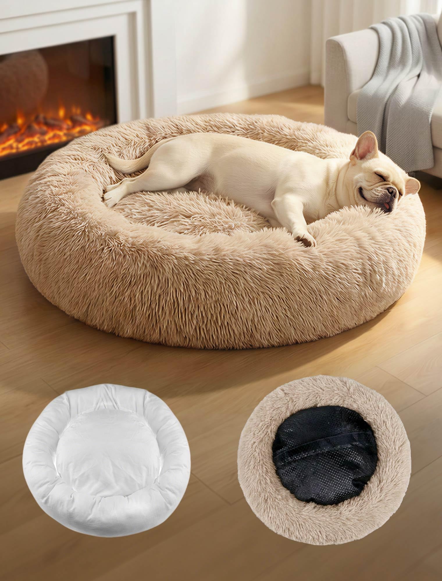 OKPOW Donut Dog Bed Extra Large Washable - 80cm Anti Anxiety Calming Cosy Fluffy Plush Puppy Kitten Round Super Soft Snuggle Pet Cat Beds for Indoor Cats Beige
