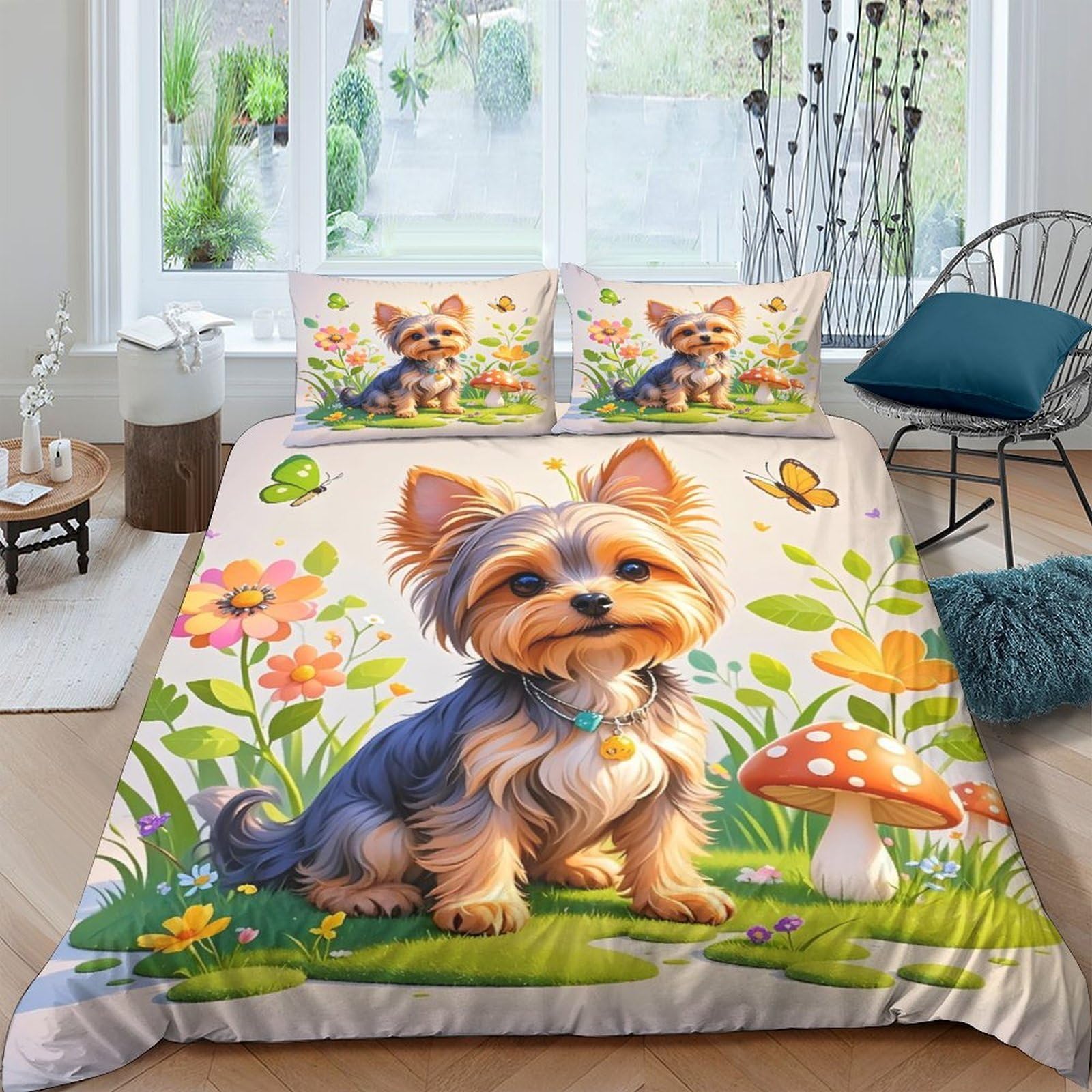 XFKLYNVCJ 3D Printed Cute Yorkshire Terrier Bedding Cover Microfiber Cartoon illust Comforter Cover Hypoallergenic Fade Resistant Couples Home Use King（220x240cm）