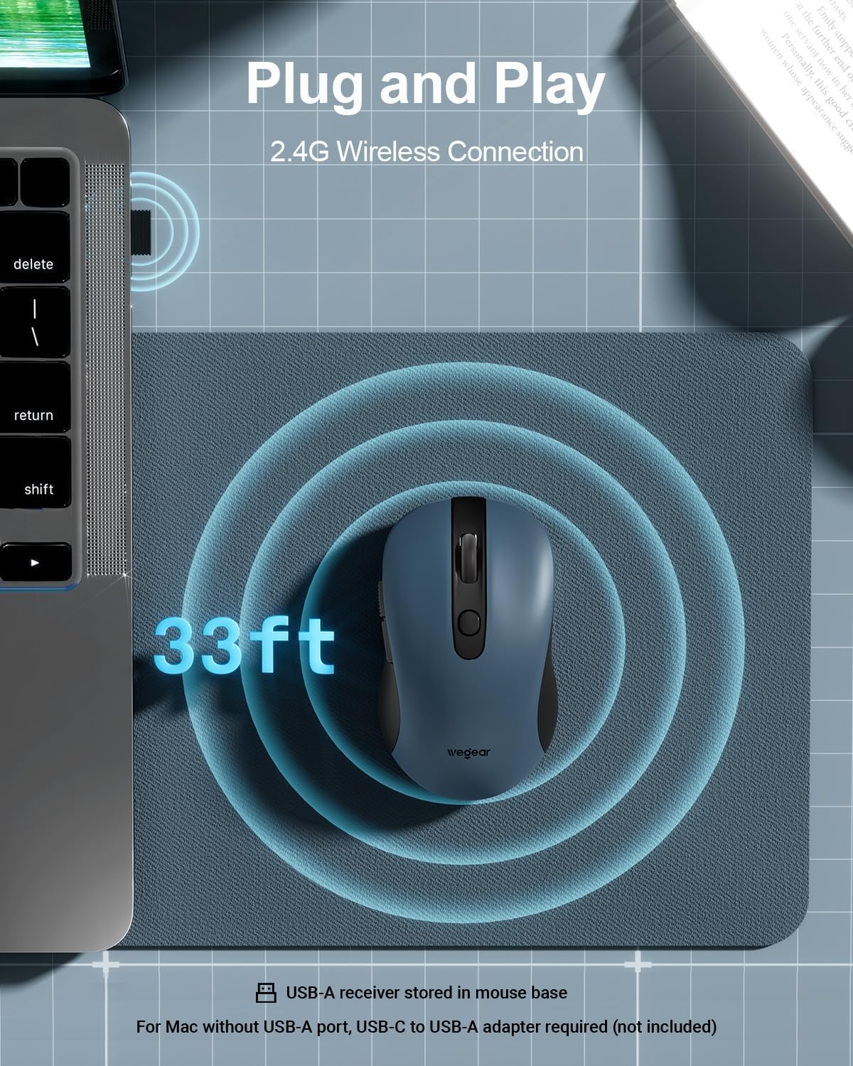 Mouse wireless USB per computer portatile, PC, Mac, mouse senza fili da 2,4 GHz con 6 pulsanti, regolabile a 5 livelli 4000 DPI, mouse ottico portatile ergonomico per computer, durata della batteria
