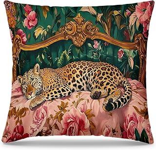Trendy Maximalist Sleepy Leopard Floral Pillow Cover 18x18, Leopard Room Decor, Funky Retro Cheetah Aesthetic Decorative Throw Pillow Cover for Girls Room Home Bedroom Living Room Couch Sofa