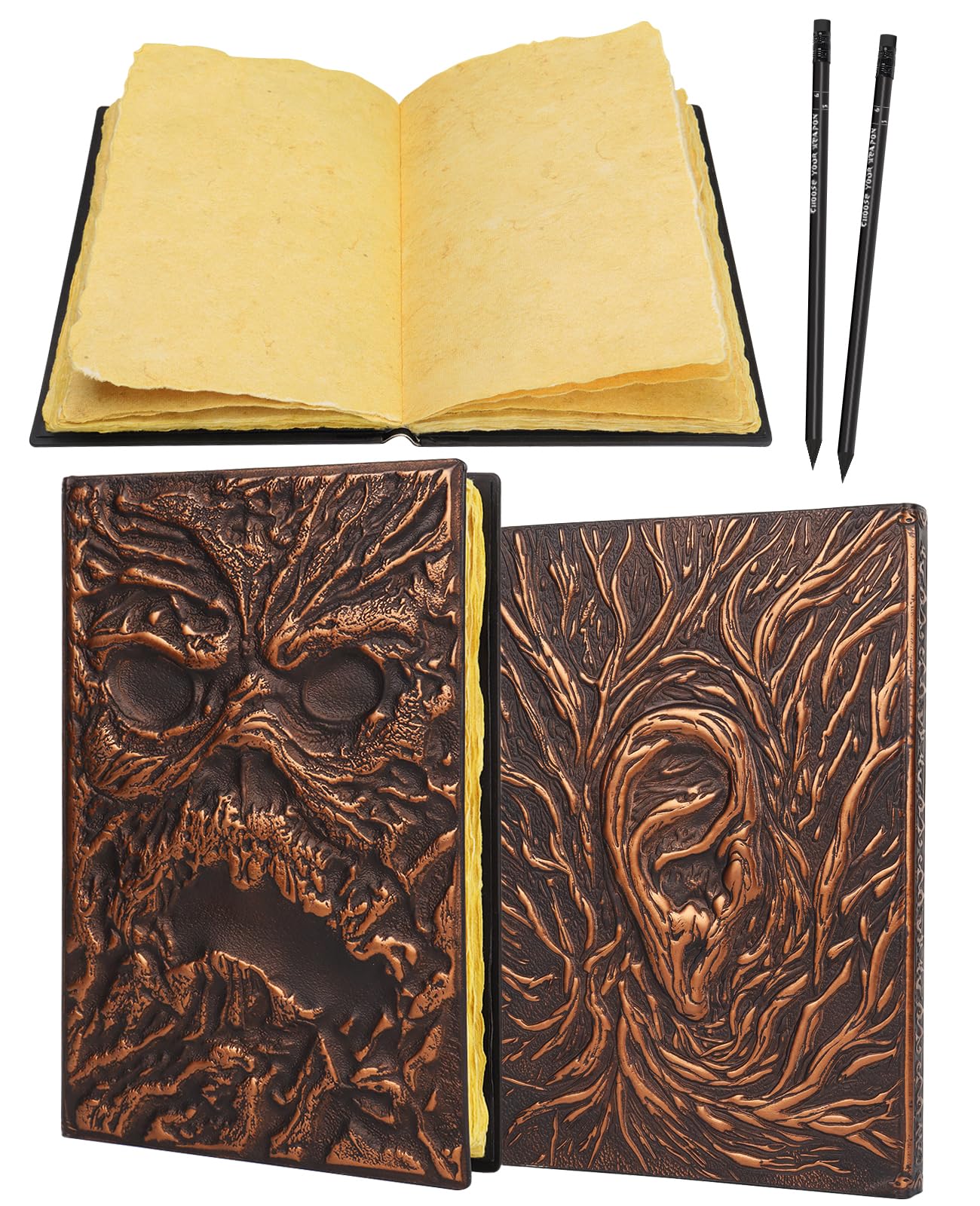 Necronomicon Horror Journal – Faux Leather DND Spellbook Notebook with 120 Pages of Aged Deckle Paper, 3D Undead Cover & 2 Pencils | Gothic Gift for DMs, Witches, Artists & Halloween Rituals