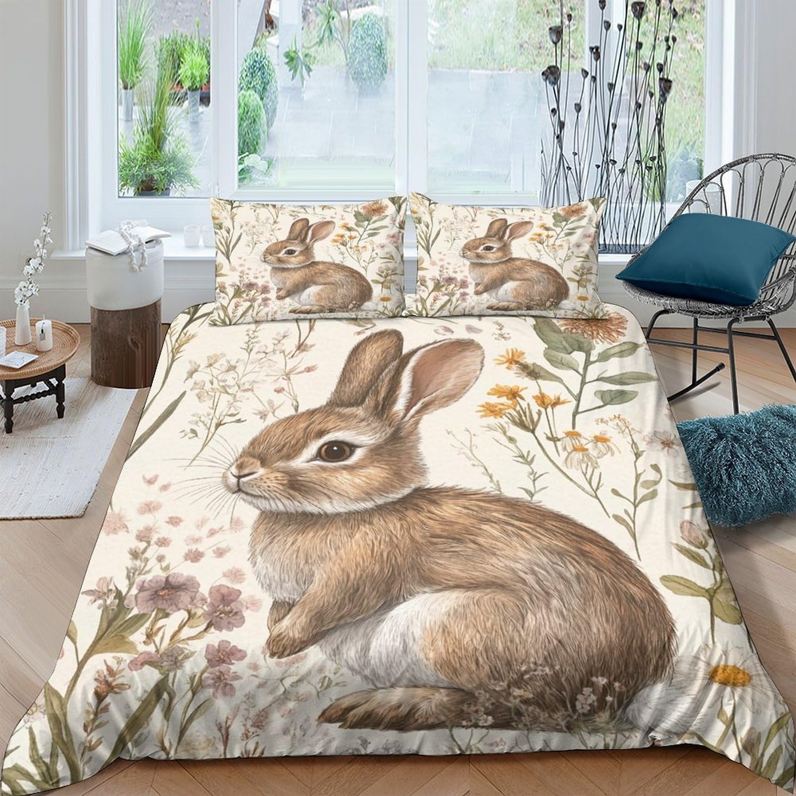 Ctjqhvkz Style-1 3D Printed Bunny Meadow Fitted Sheet Microfiber Soft Floral Rabbit Mattress Cover For Bedroom Guest Room Decor Single（135X200cm）