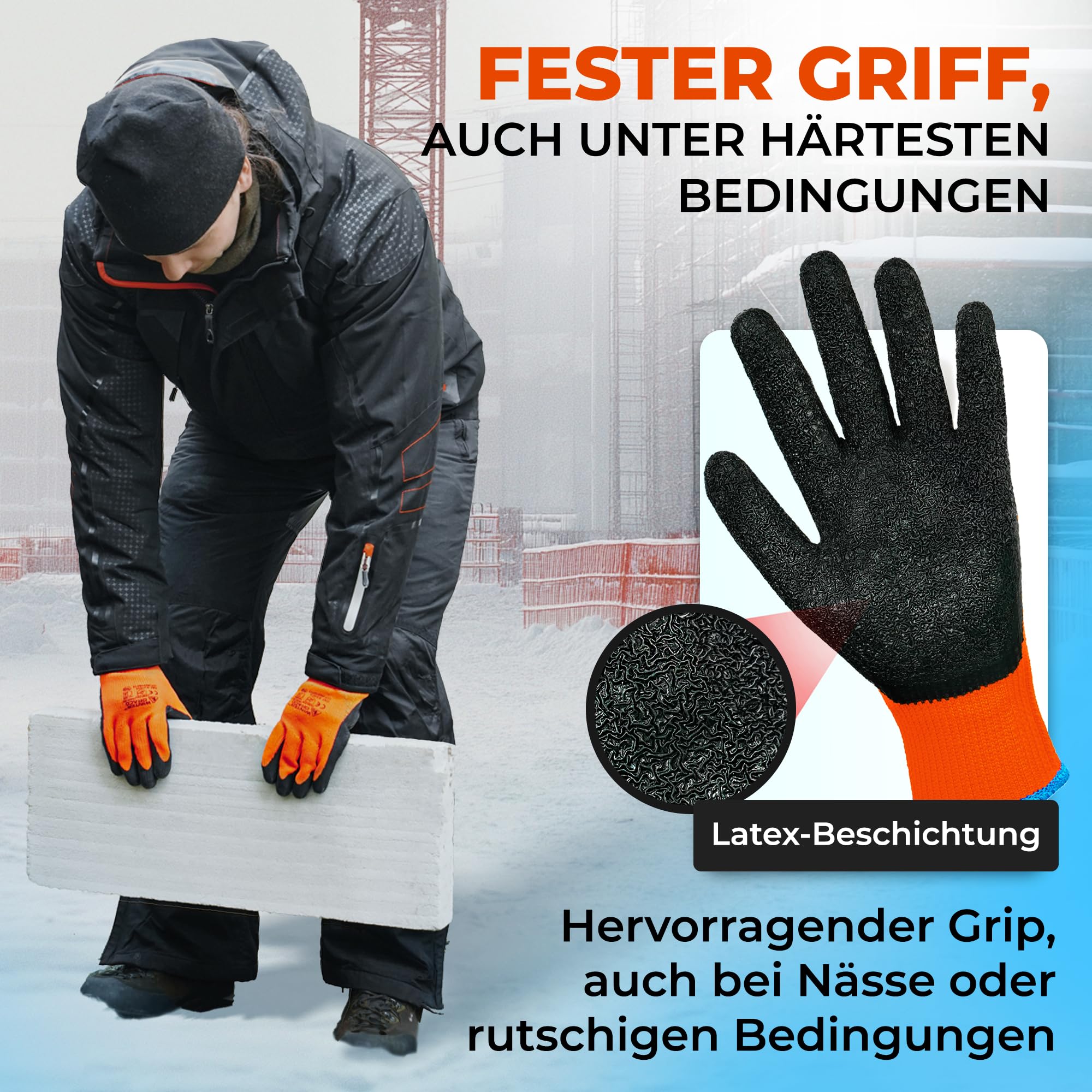 Warme Arbeitshandschuhe (36 Paar) - Größe 9-L | Winter Bauhandschuhe mit Latex, Beschichtung, Thermo, arbeitshandschuhe Abriebfest, Heren Sicherheitshandschuhe