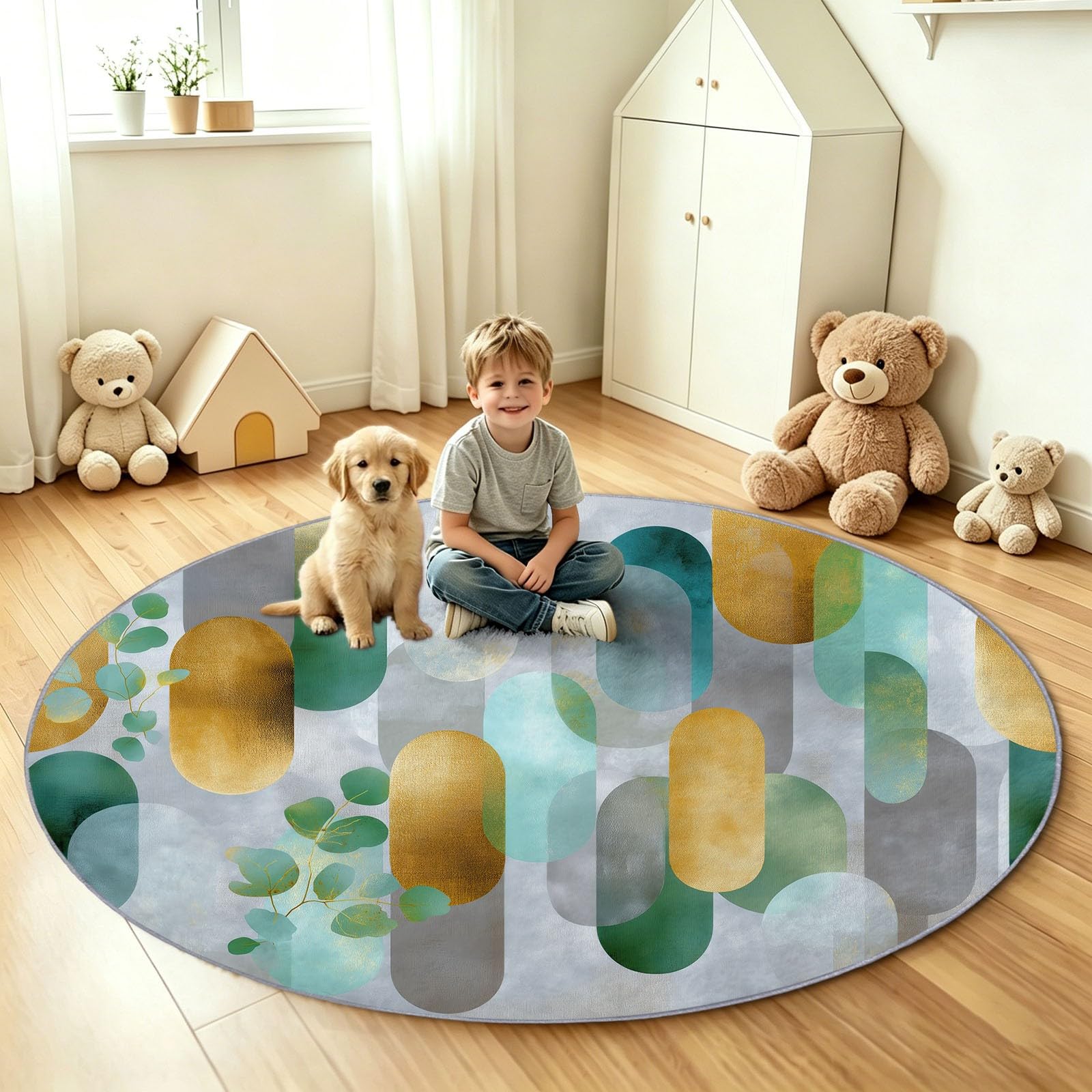 Tapis Enfant Rond Chambre d'enfant Filles Garçons, Plantes Modernes Tapis Rond Lavable & Antidérapant pour Salon Chambre Cuisine Salle à Manger Chambre (100 cm, Ellipses Géométriques)
