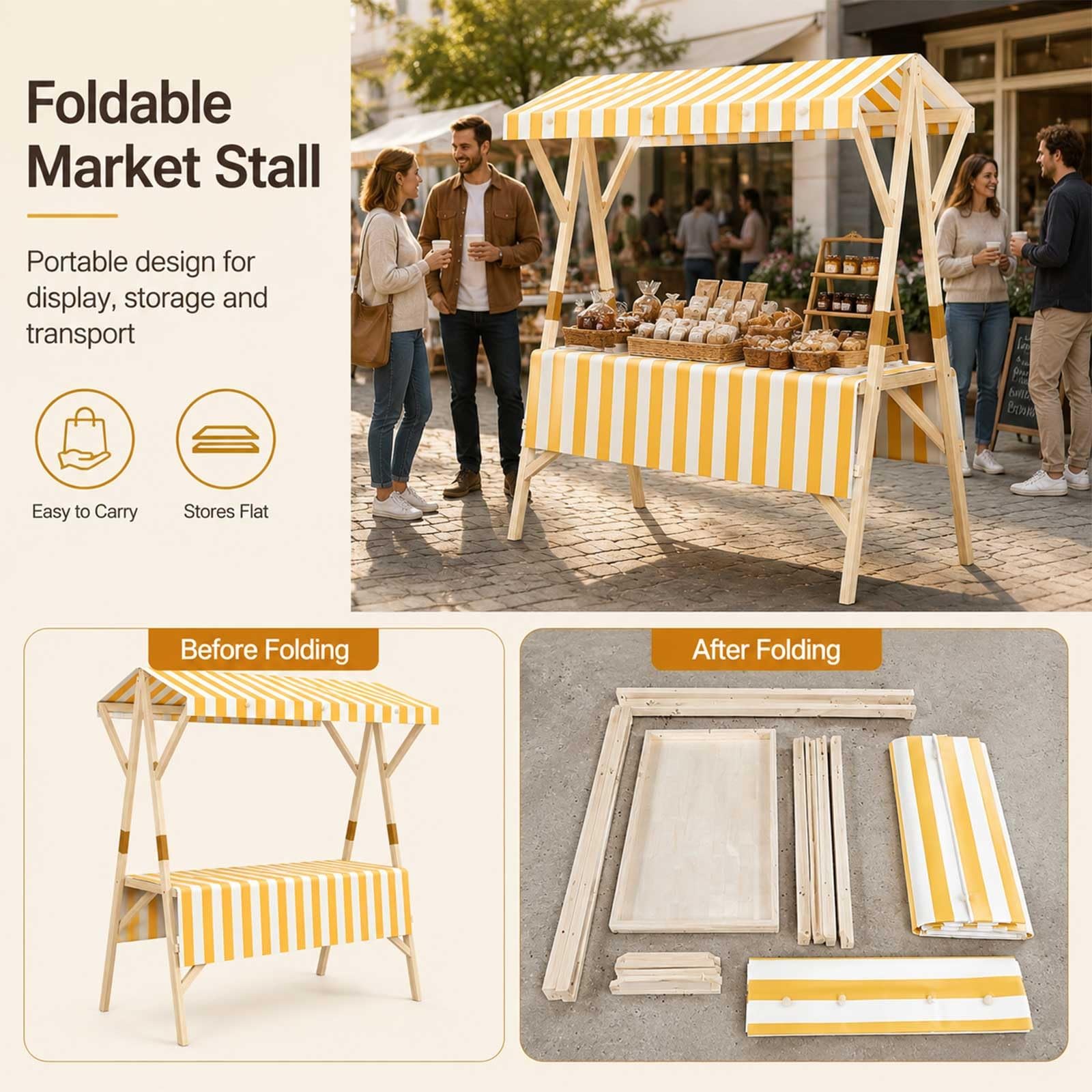 Genérico Puesto De Mercado con Toldo, Carrito De Comida Callejera De Madera, Puesto Plegable para Ferias Artesanales, Mercado Callejero, Venta Ambulante Y Expositor Móvil(White,59.1in/150cm)