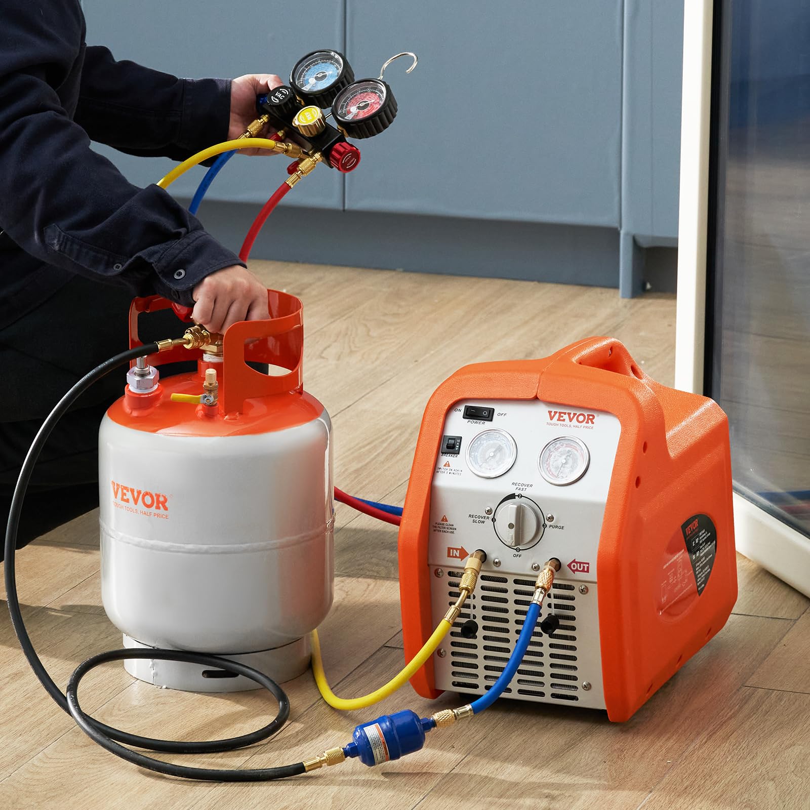 VEVOR Serbatoio di recupero del refrigerante con interruttore a galleggiante - Serbatoio di recupero CA da 30 libbre con adattatore da ¼ a ½, serbatoio di recupero riutilizzabile HVAC con tracce di N₂