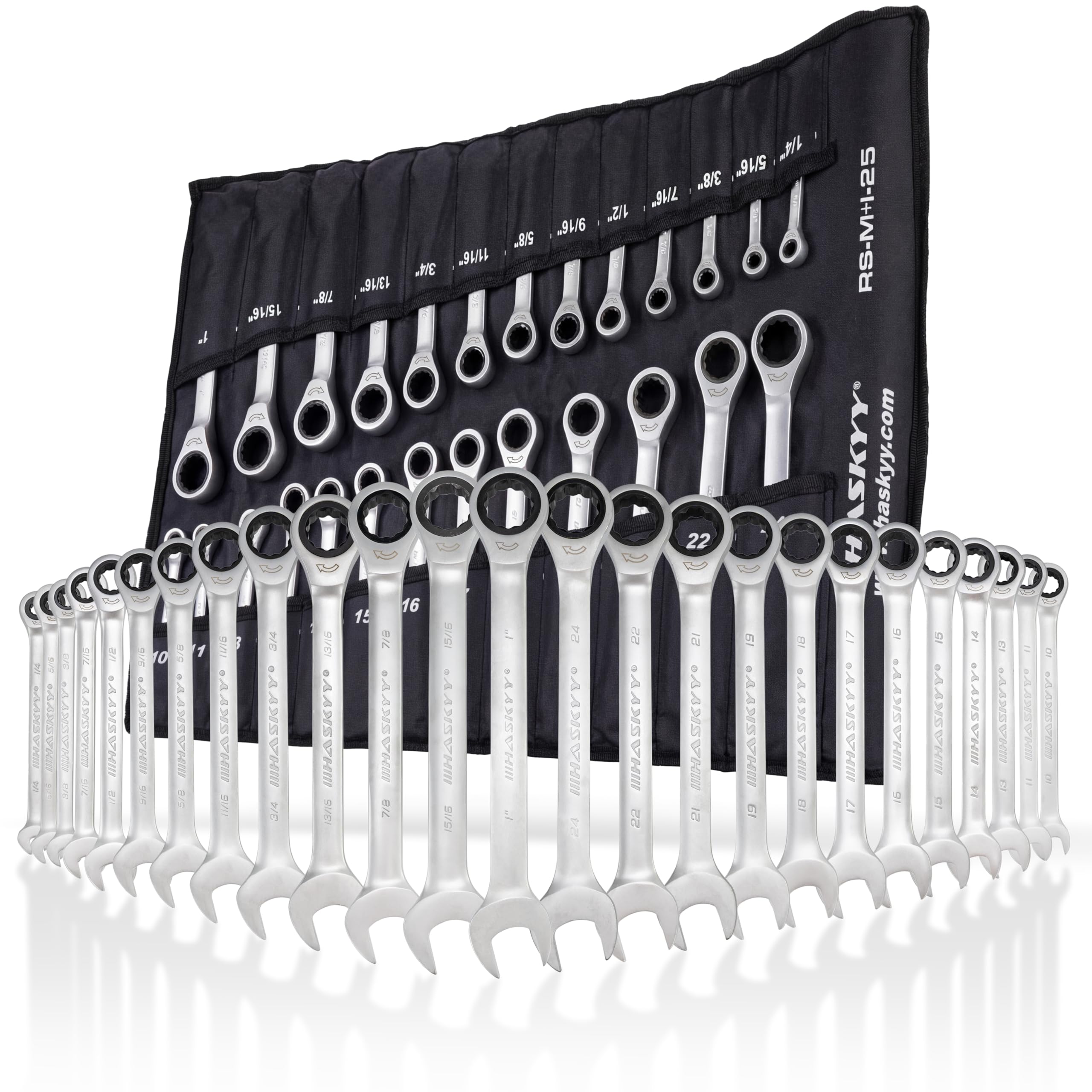 HASKYY 25tlg Zoll 1/4"-1" Metrisch 10-24mm Ratschenschlüssel Set I Ring-Ratschen-Schlüssel I metric + inch