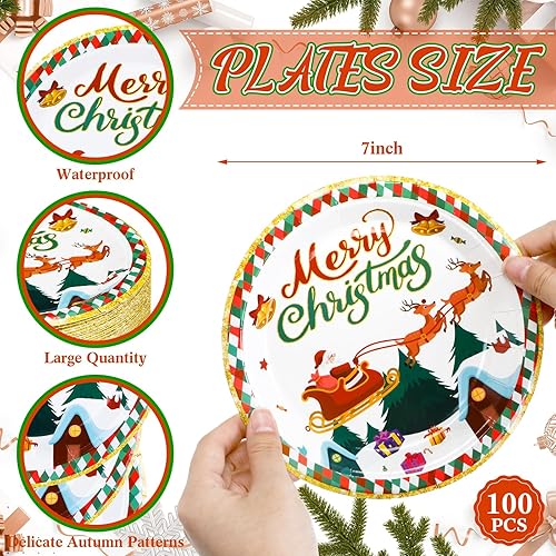 Miniatura 2 de Shellwei 100 platos de papel de Navidad de 7 pulgadas, platos redondos de Navidad, platos desechables, suministros de fiesta para Navidad, temporada