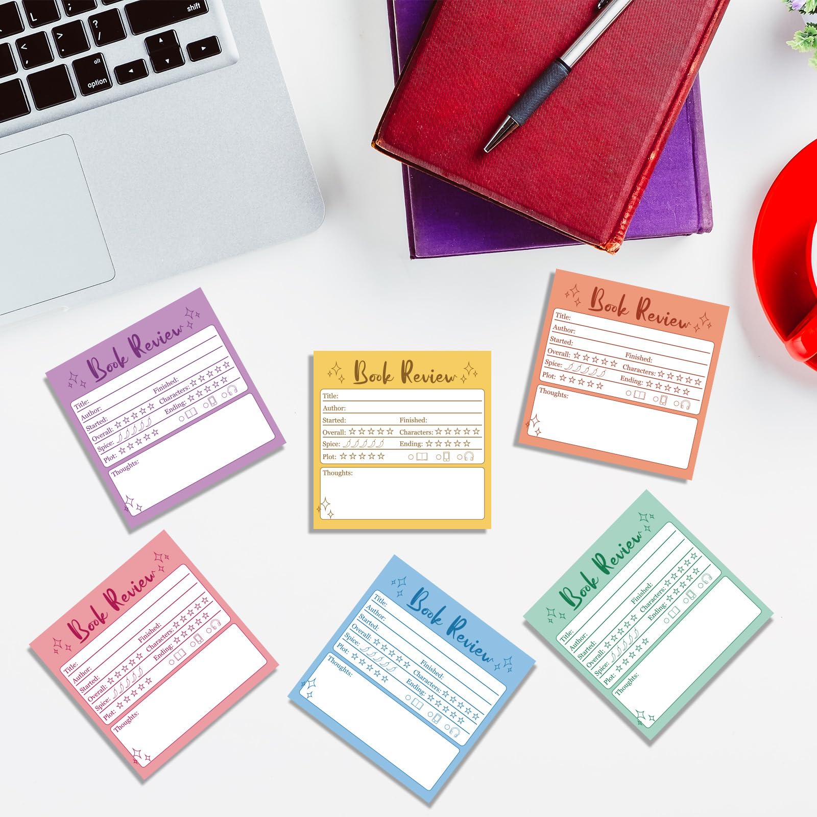 Mini-Haftnotizen für Buchrezensionen, 7,6 x 7,6 cm, selbstklebend, Schulanfang, Lese-Tracker für Buchliebhaber, Leseprotokoll-Aufkleber für Studenten, Bücherwurm, Geschenk, bunt, 12 Stück