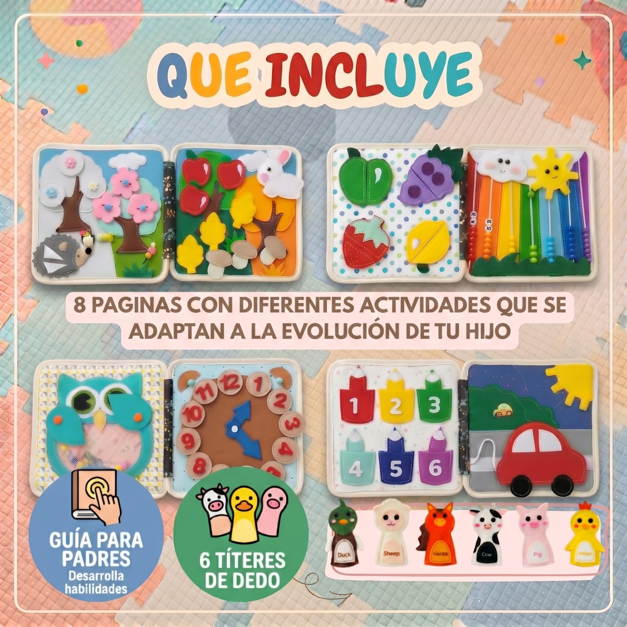LUMS Libro Montessori 1 Año - Juguetes Montessori Bebé 2 3 4 5 Años, Busy Board y Tablero Sensorial de Fieltro, Busy Book Interactivos de Actividades, Juego de Viaje para Coche con 6 Marionetas