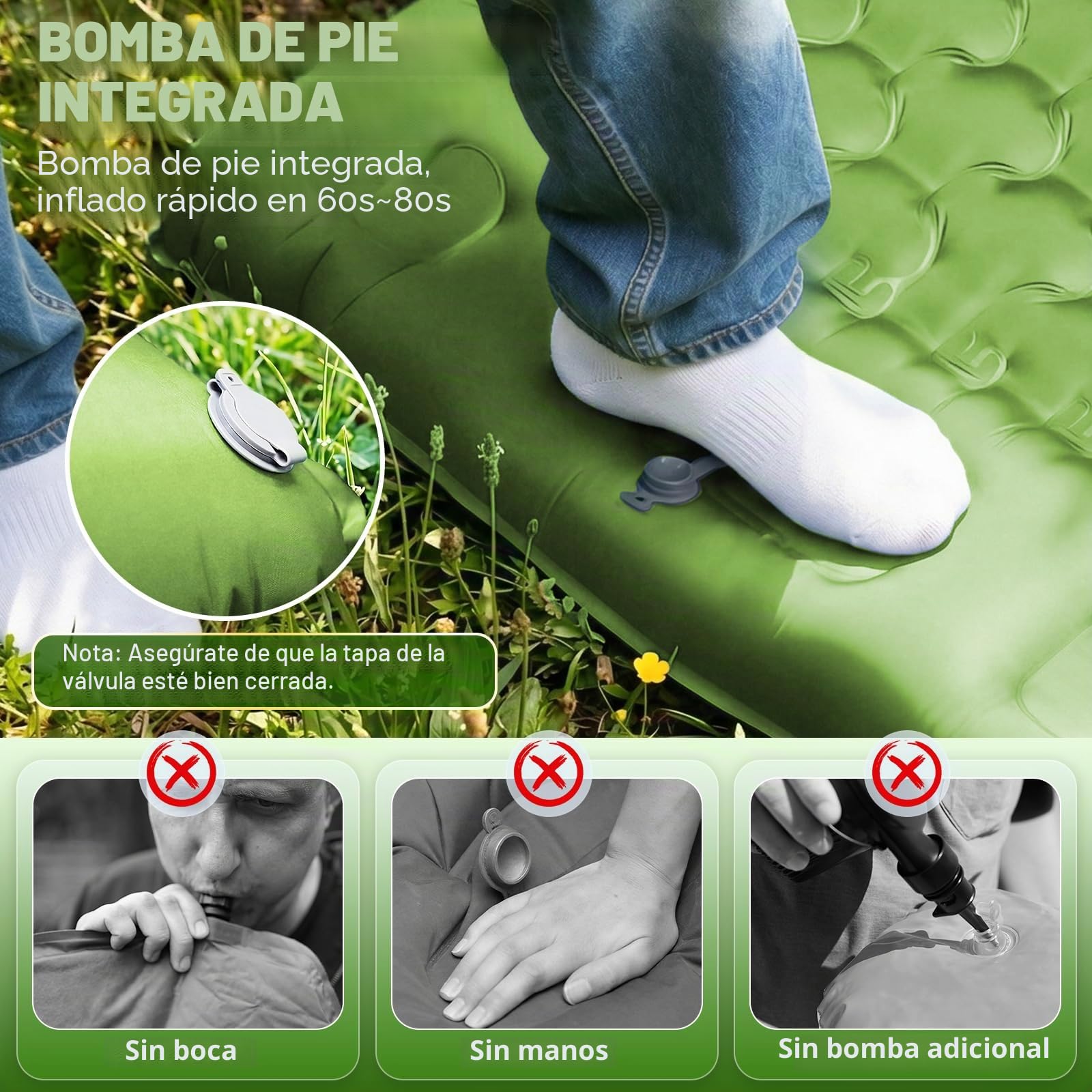 JATEKA Colchoneta Autoinflable XL para Camping, Individual con Correas, Verde y Azul, Colchón Ligero para Senderismo