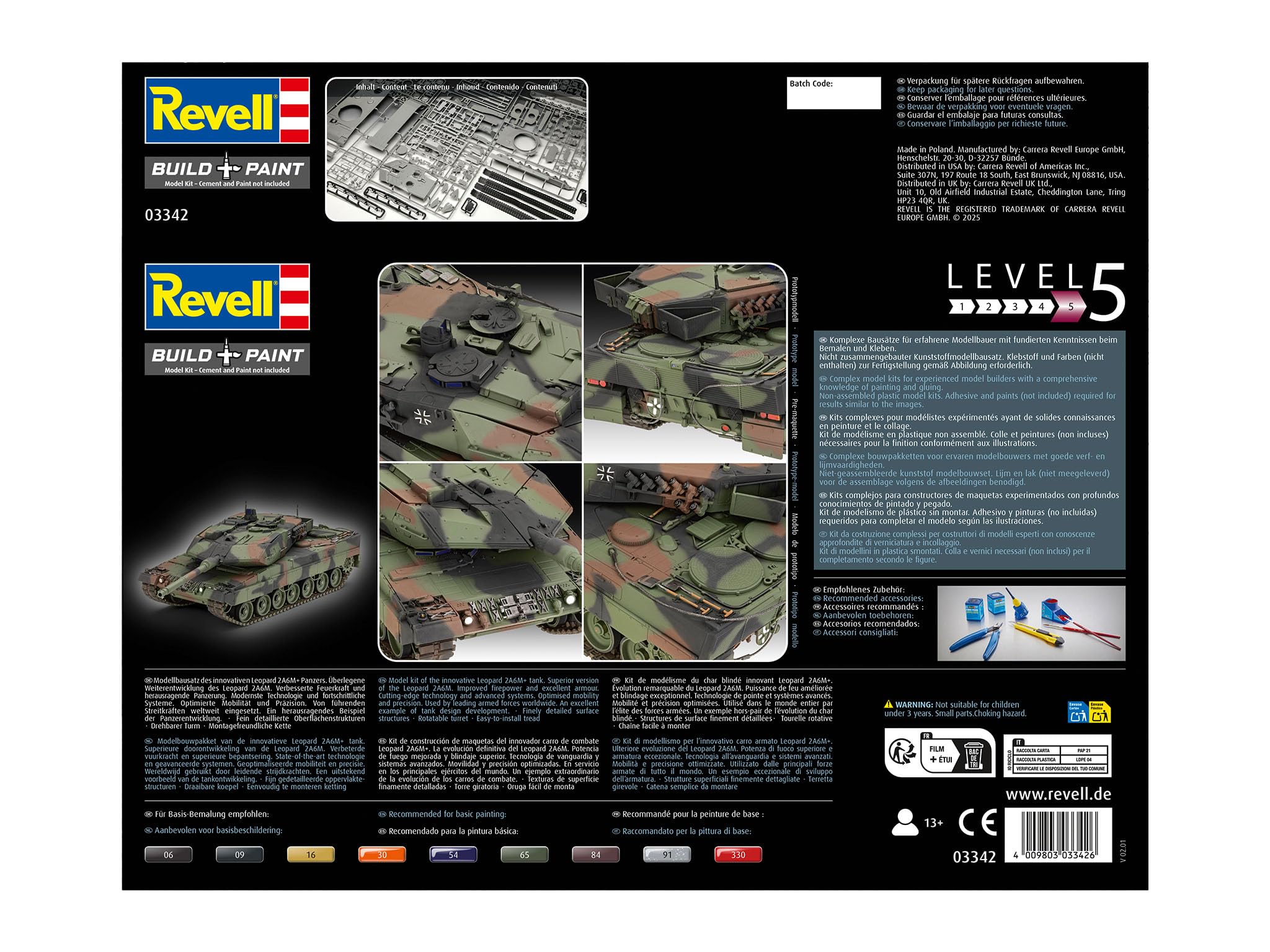 Revell Zestaw modelarski I Leopard 2 A6M + I bogaty w szczegóły zestaw pancerny na poziomie 5, 250 części, skala 1:35, dla dzieci i dorosłych od 13 lat