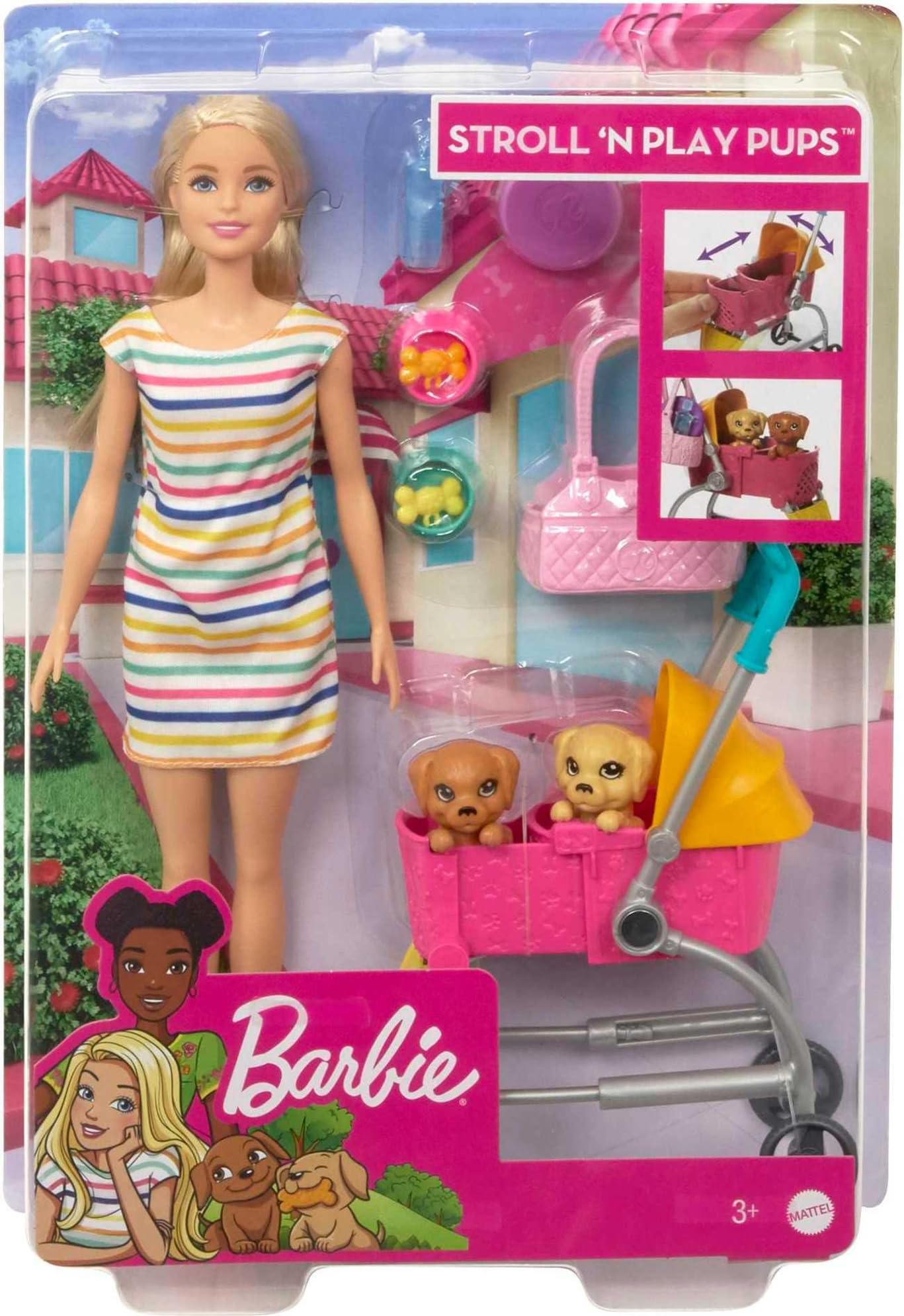 Barbie GHV92 - Hundebuggy Spielset mit Blonder Puppe (ca. 30 cm), 2 Hündchen, einem Buggy für die Hündchen und Zubehör, Spielzeug Geschenk für Kinder von 3 bis 7 Jahren