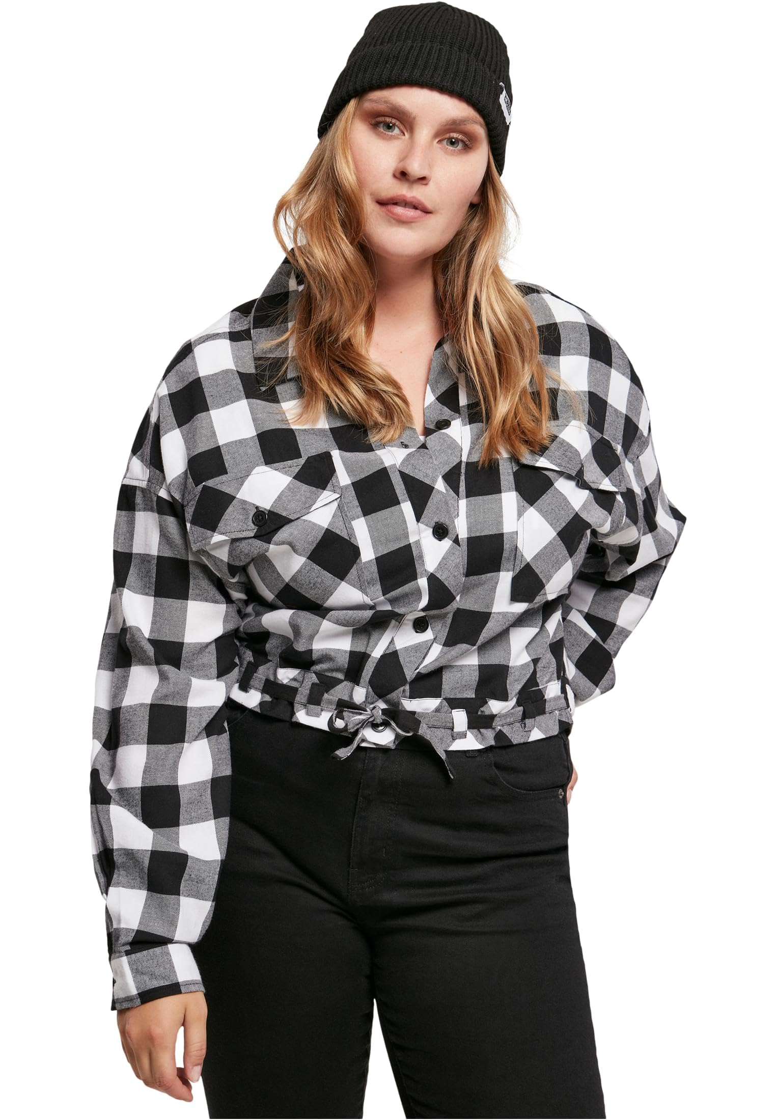 Urban Classics Women's Short Oversized Check Shirt, Black/White, XXXXXL