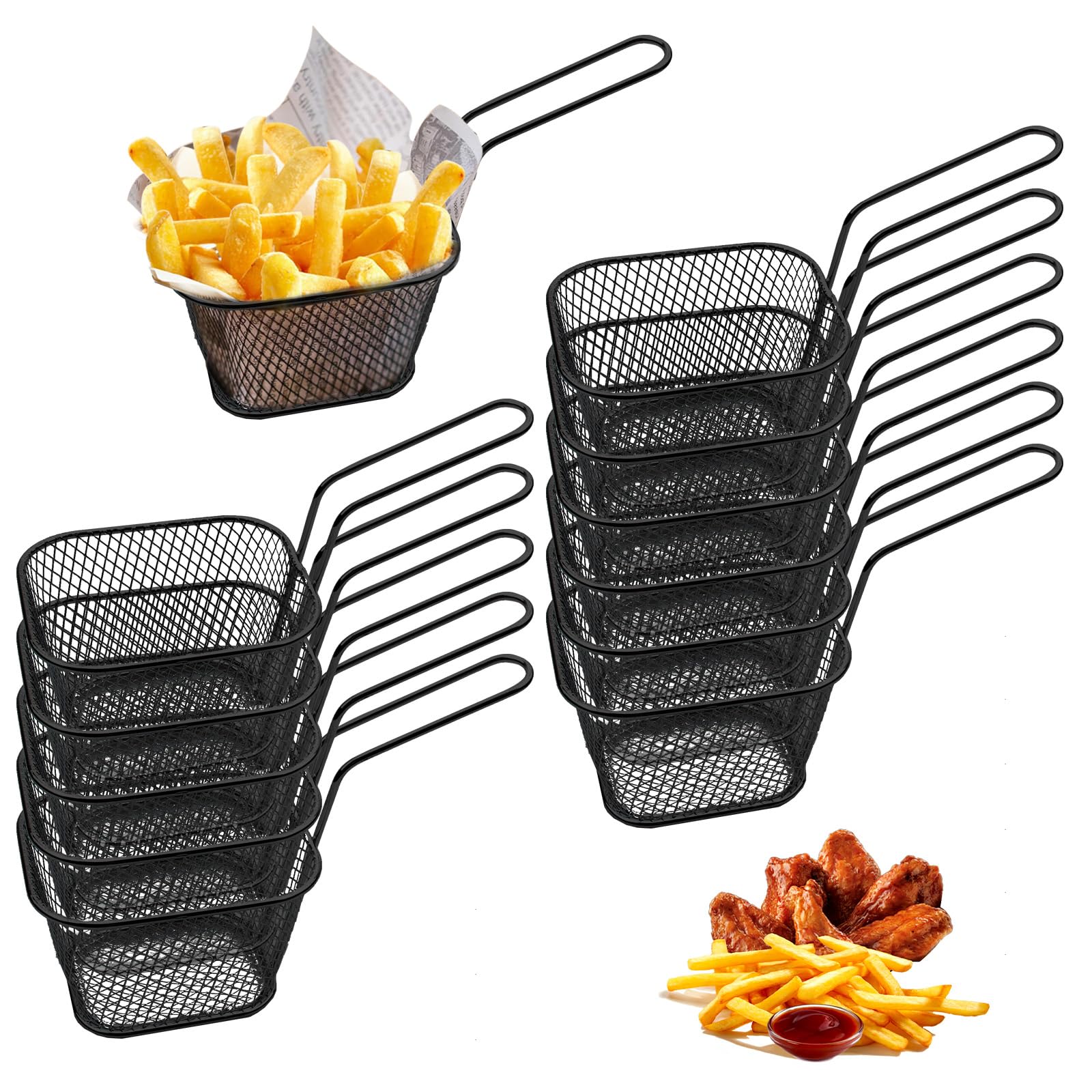Pack of 12 Frying Baskets, Small Black Serving Baskets, Stainless Steel for Chips, Mini Chips Baskets, Fryer Basket for Serving for Fries, Shrimps, Onion Rings