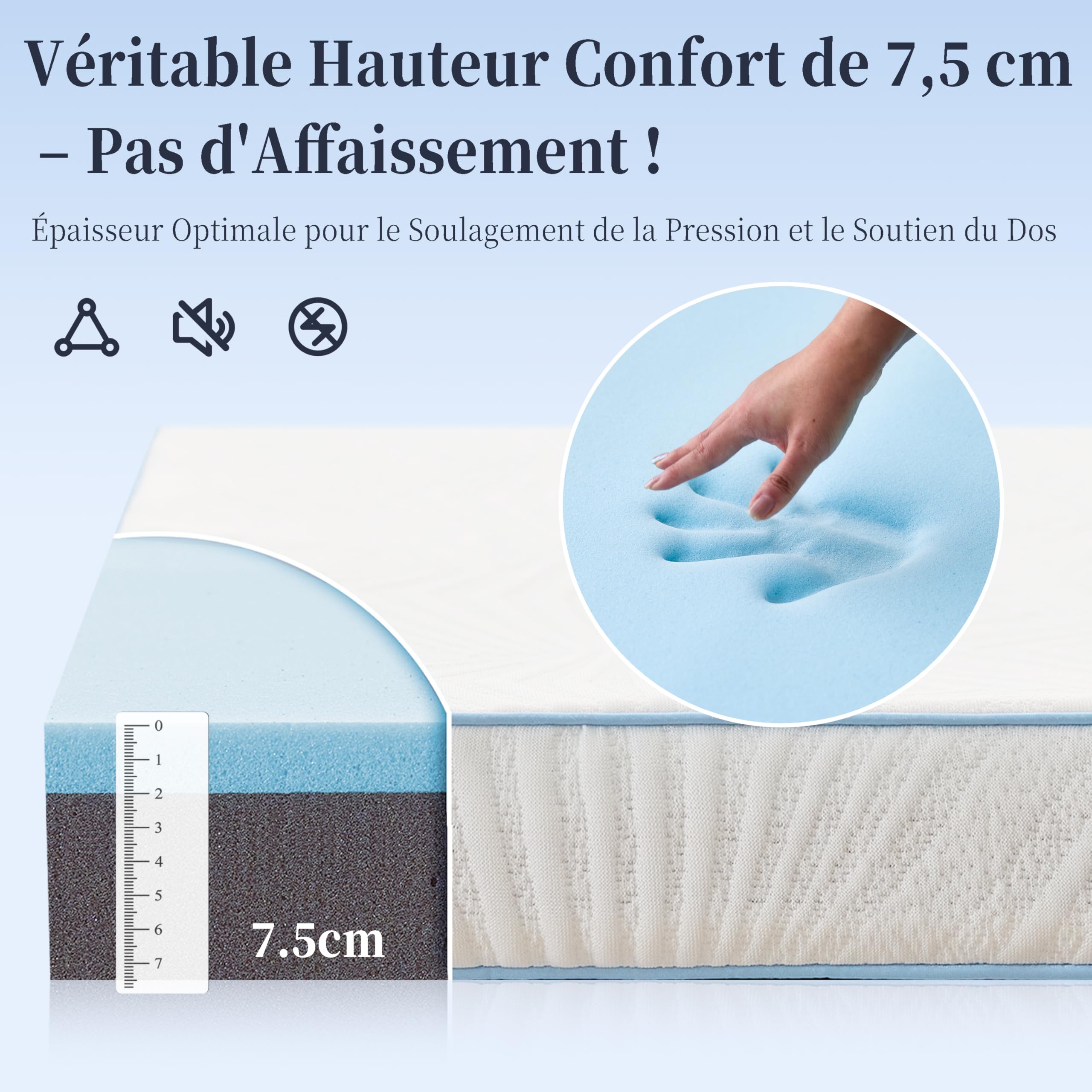Coprimaterasso 90 x 190 cm, in memory foam, coprimaterasso 7,5 cm, per ammorbidire un letto troppo duro, migliorare un materasso usurato, ideale per studenti e giovani coppie