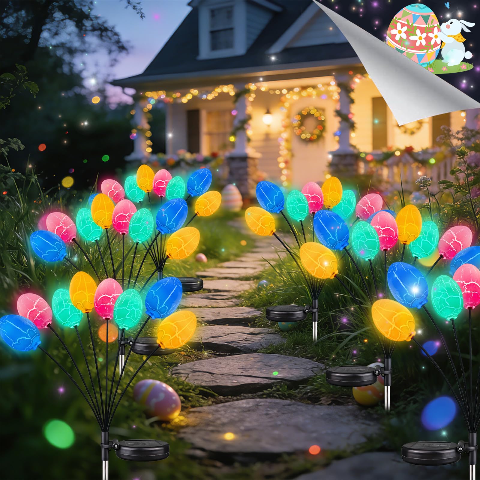 4 Pack 32 Led Solar Easter Egg Lights Colorful Garden Swaying Firefly Lights Outdoor with 2 Lighting Modes
