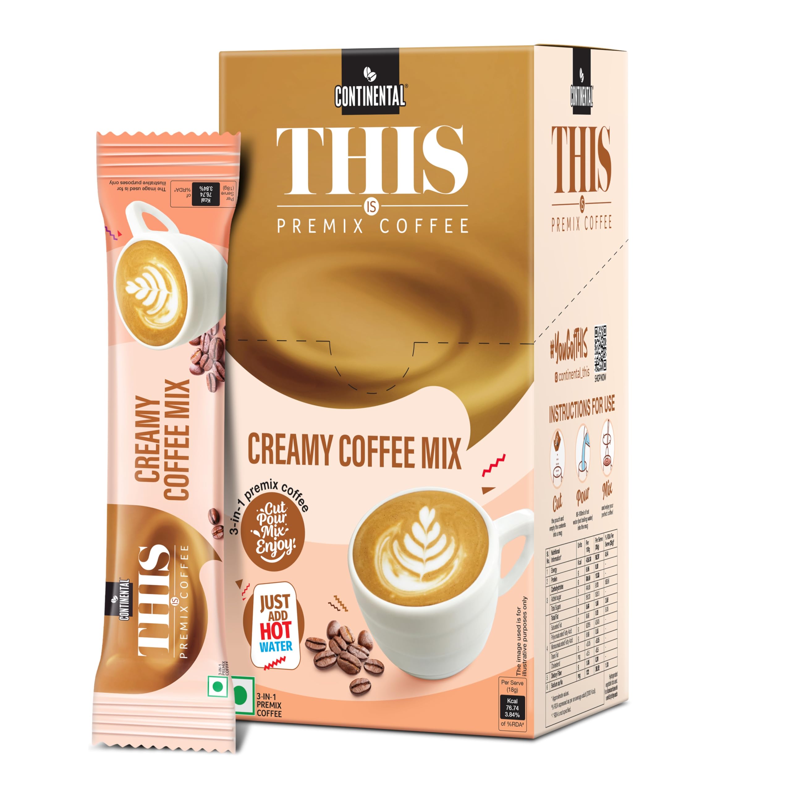 Continental THIS Creamy Instant Coffee Powder| 3 In 1 Instant Premix Coffee Powder | 180 Gram | Pack Of 1 | Rich and Creamy Flavor | Convenient Single-Serve Sachets for Quick and Easy Coffee Anytime
