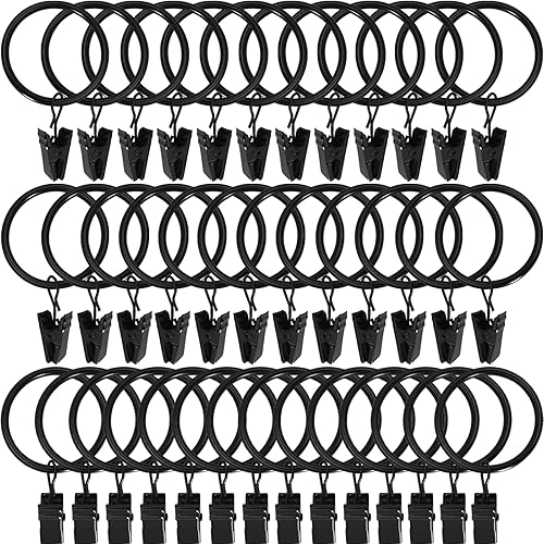 44 Pack Black Curtain Rings with Clips, Curtain Hooks Hangers Clip Rings for Hanging Drapes Bows Hat, Drapery Rings 1 in I D, Fits up to 5/8 in Diameter Curtain Rod.