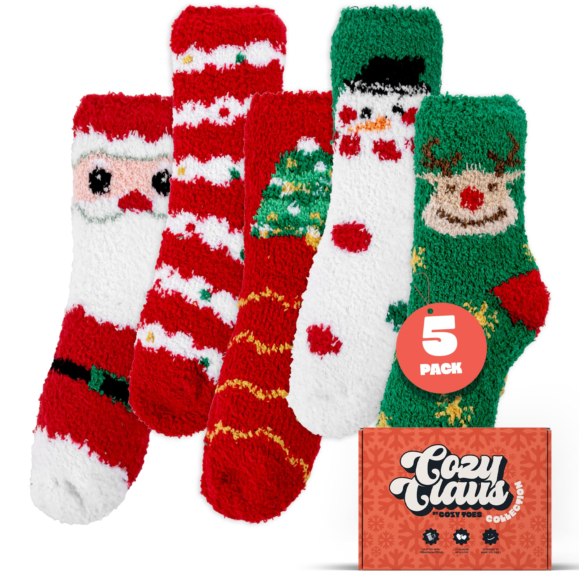 Cozy Toes Women's Christmas Socks 5 Pairs Warm Xmas Fluffy Socks For 4-7 With A Gift Package - Girls Fluffy Socks With Cute Pattern | Stocking Fillers For Teenage Girls | Christmas Gifts For