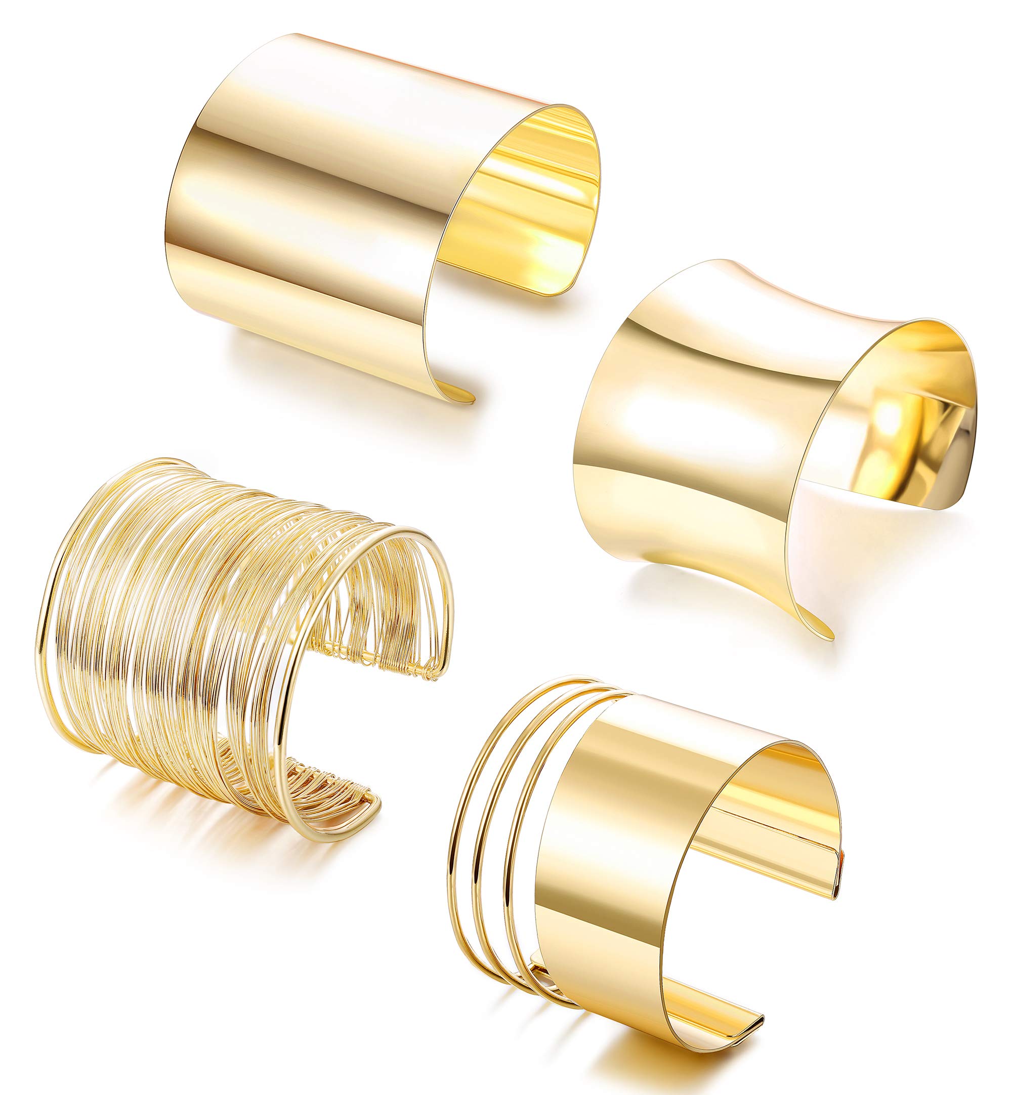CASSIECA4 Pcs Cuff Bangle Bracelet Set for Women Smooth Open Wide Wire Grooved Bracelets Adjustable Gold Sliver-Tone Plated Fashion Jewelry