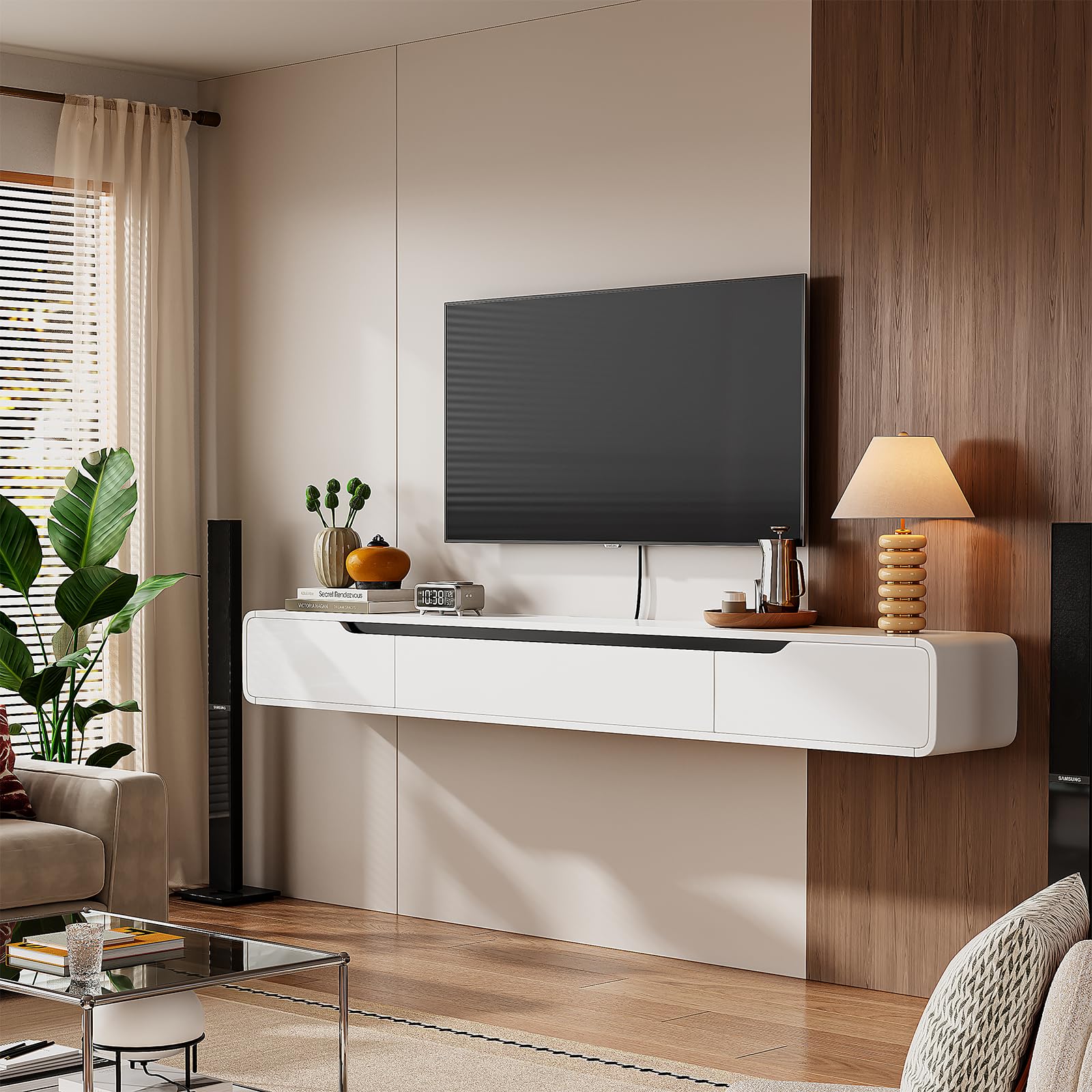Photo 1 of FloatiCasa Fully-Assembled Floating TV Stand with Drawers, 55IN High Gloss Wall Mounted Entertainment Center, Modern Media Console with Storage, Under TV Shelf for Bedroom Living Room White