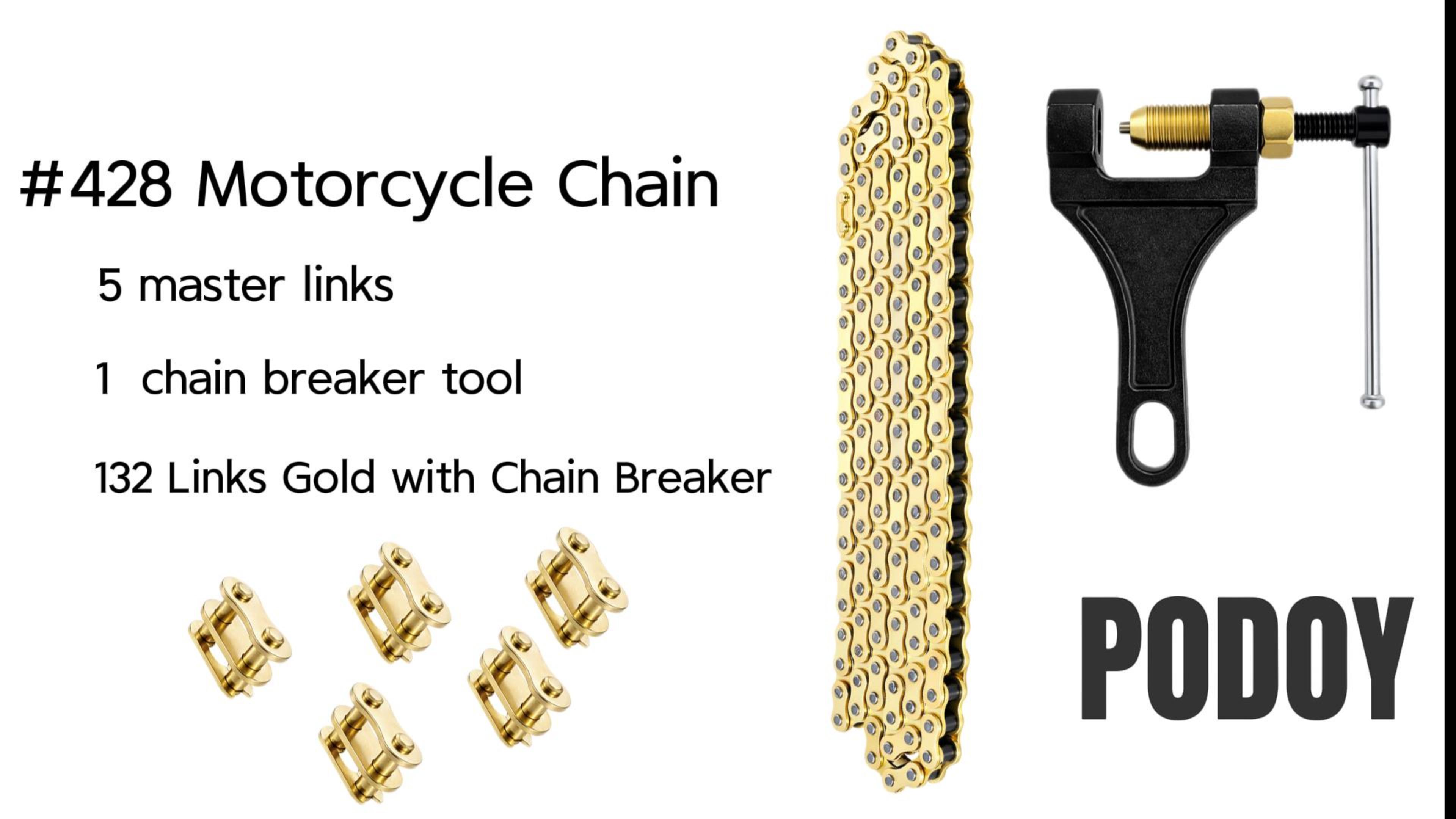 Image of Podoy 428 Motorcycle Chain 132 Links Gold with Chain Breaker, Heavy Duty Drive Chain Replacement for 110cc 125cc 150cc Pit Dirt Bike ATV Go Kart