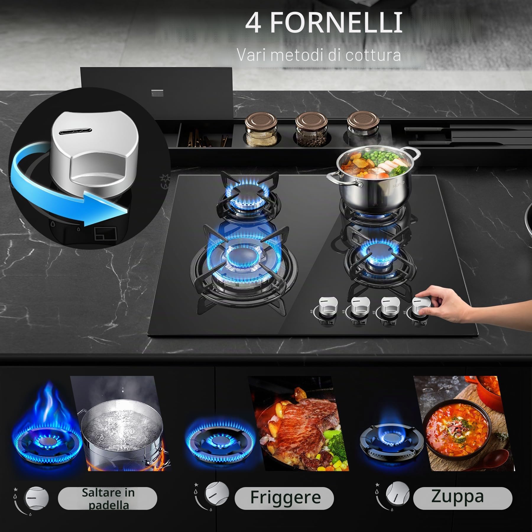 TopStrong Piano Cottura 4 Fuochi Gas, Piano Cottura Gas Vetro Incasso, Protezione Flame-Out, Gas Naturale/Propano, 8060W, Nero, 220-240V