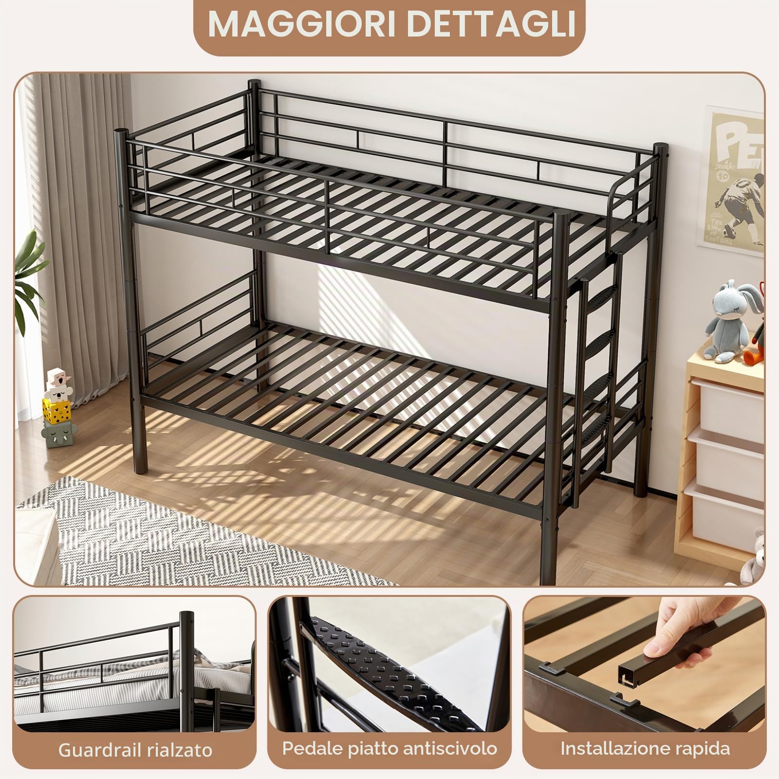 Letto a Castello per Adulti 90 X 200cm, Letto a Castello per Bambini con Scaletta & Ringhiera di Sicurezza, Trasformabile in Due Letti Singoli, Letti a Soppalco Metallo con Rete a Doghe (Nero)