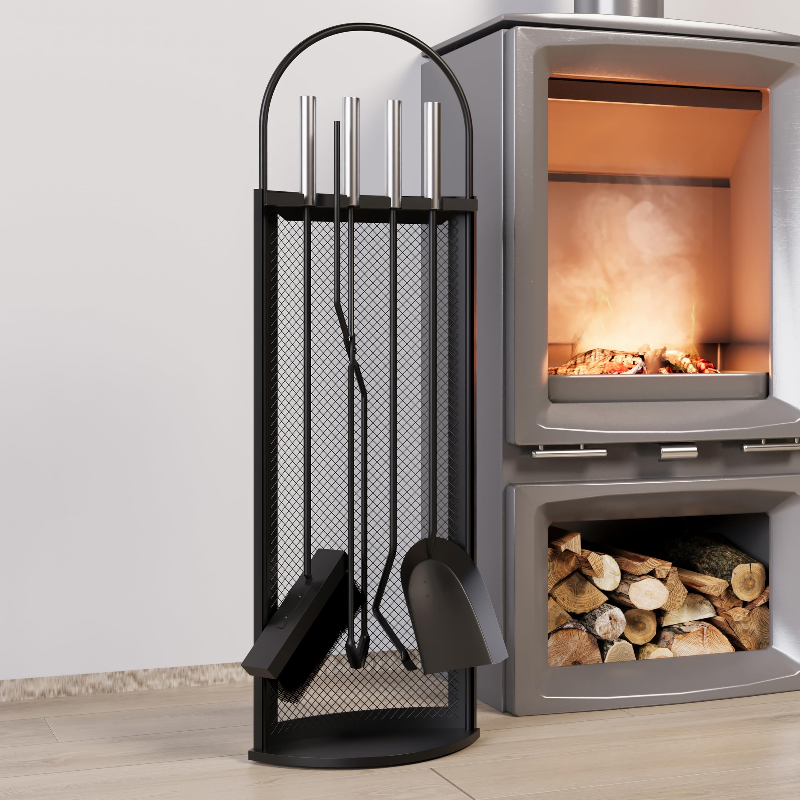Kingson Set da Camino in 5 Pezzi con Manici in Acciaio INOX 22x16x67cm, Elegante e Resistente Kit di Accessori per Camino Nero