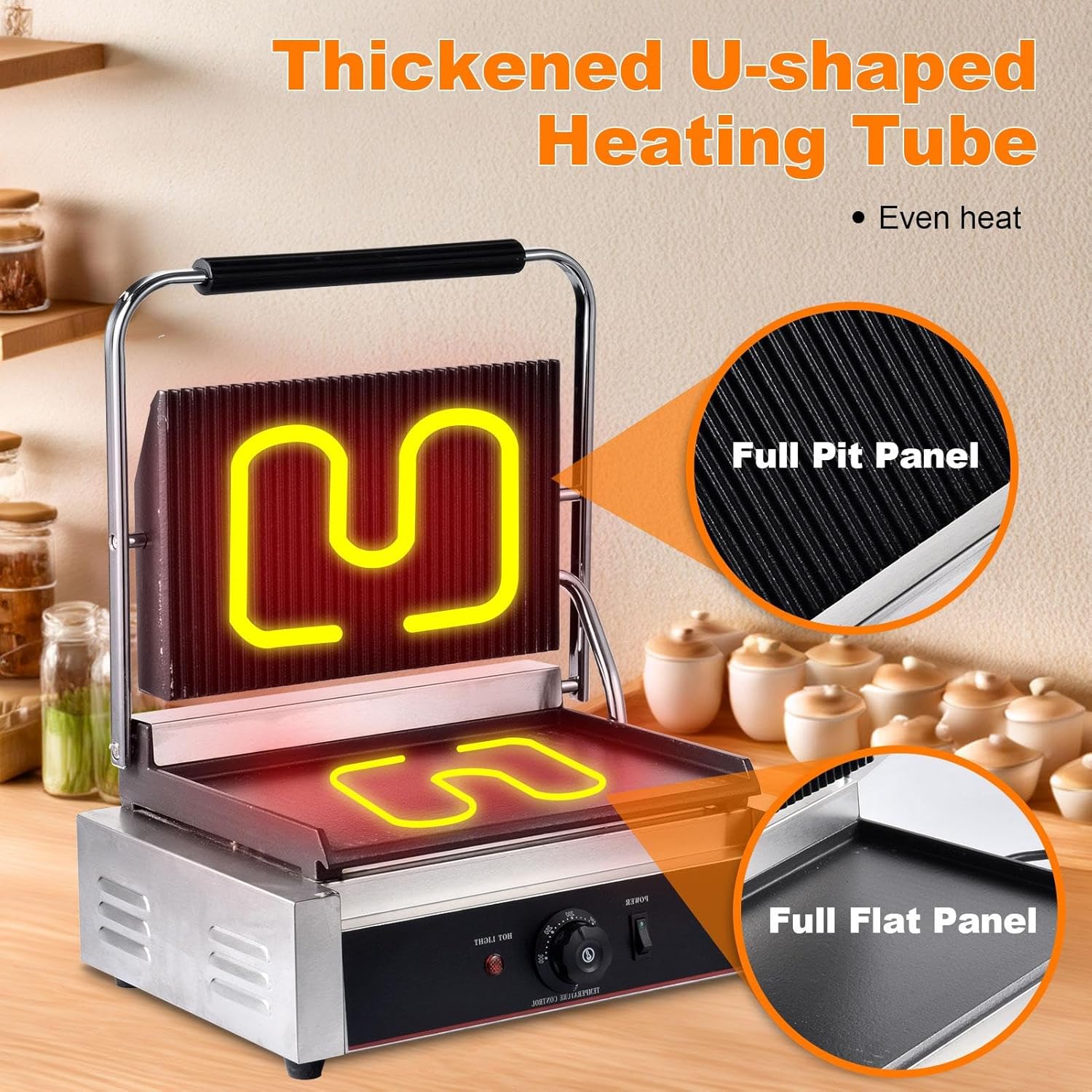 Commercial Panini Press, With Grooved Grill Sandwich Maker Machine Electric Contacts Grill Single, 1200w Electric Sandwich Press Sandwich Toaster Single Grooved Top&smooth Bottom, For Snacks Breakfast